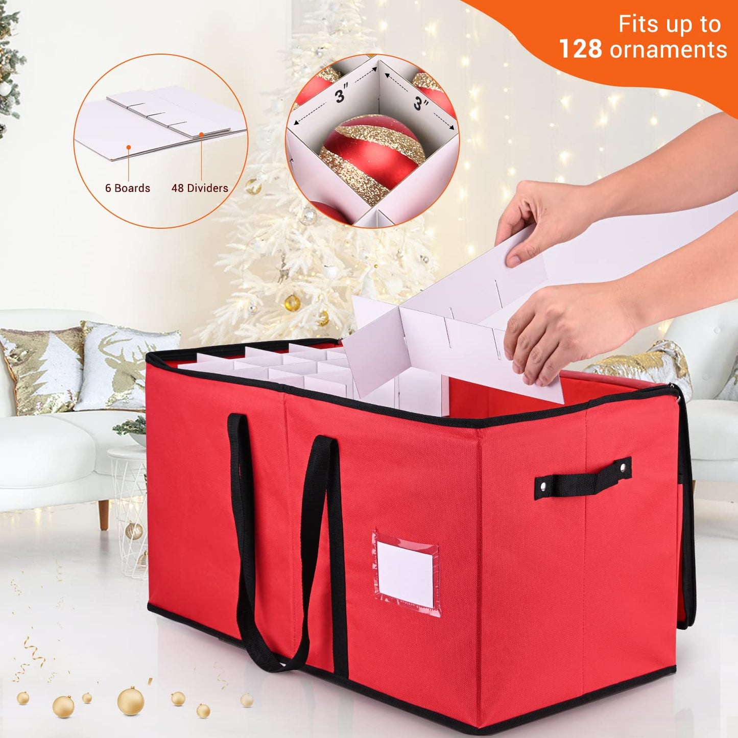 Mrrihand Christmas Ornament Storage Box, Xmas Decoration Organizer with Adjustable Dividers - Storage Container Keeps 128 Holiday Ornaments 3-Inch, Dual Zipper Closure, 600D Tear-Proof Material(Red)