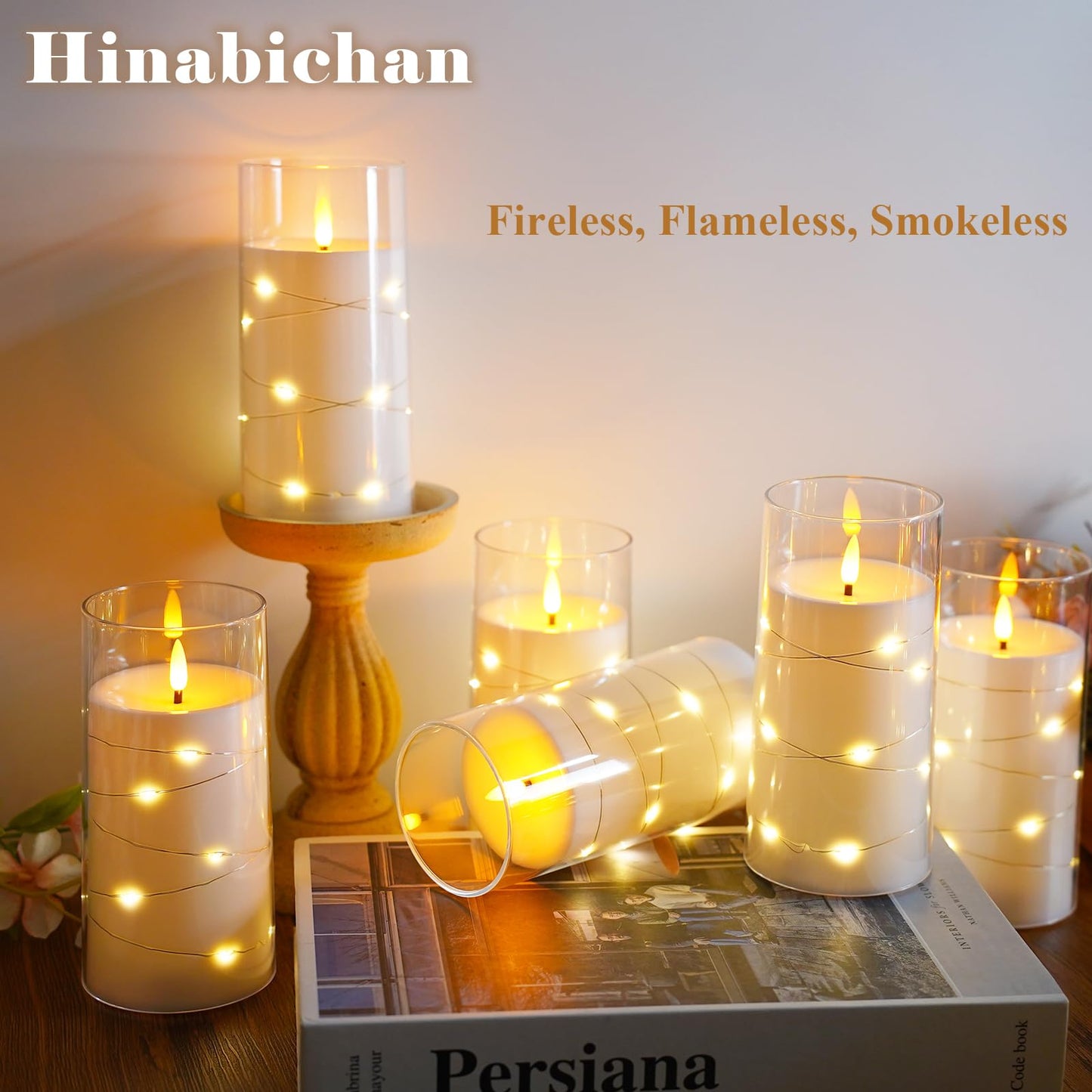 Hinabichan Flickering Flameless Candles with Remote Timer, 6pcs LED Battery Operated Candles with Embedded String Lights White, D3 H6