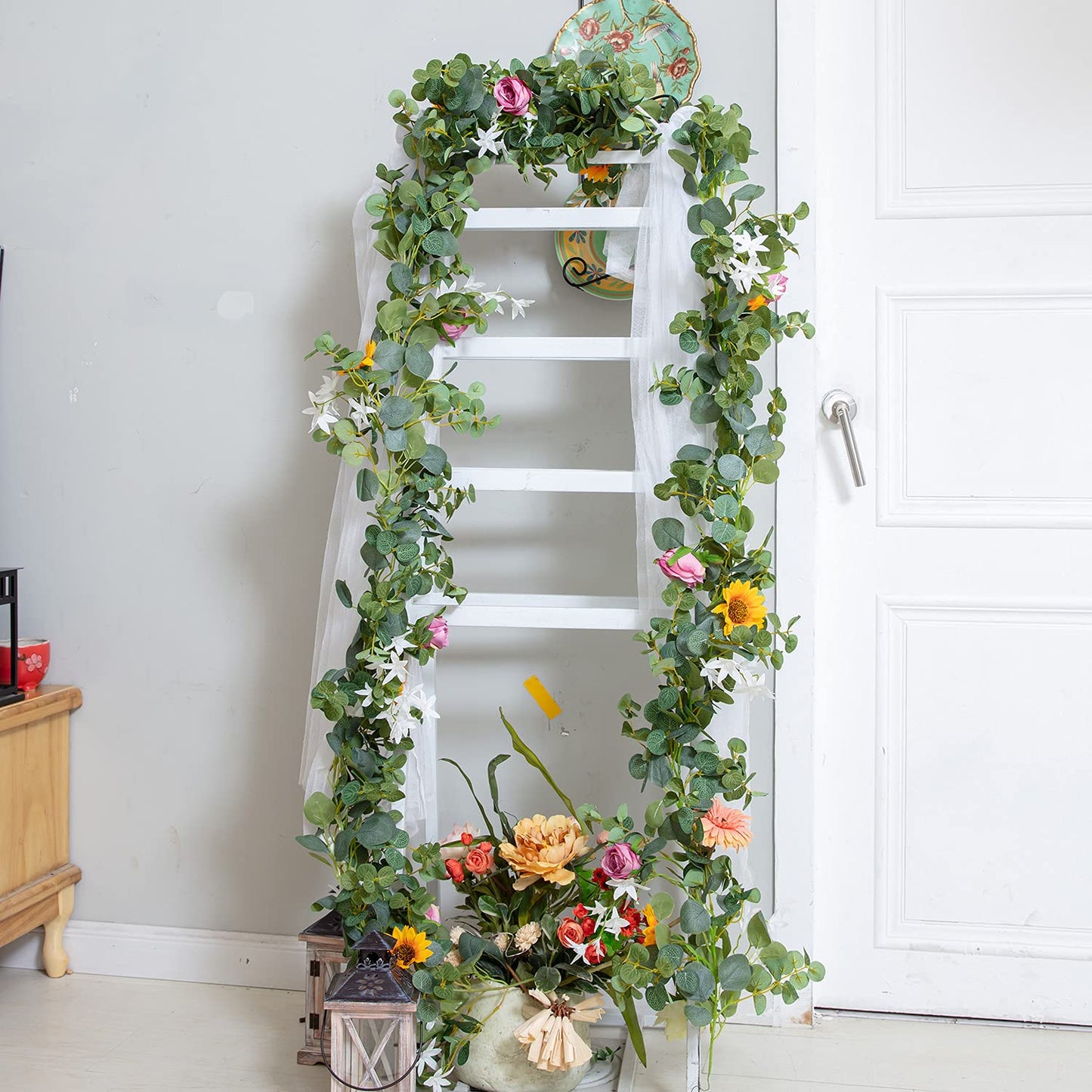 Naidiler Eucalyptus Garland with Flowers, Spring Decor for Mantle, Wedding Arch & Fireplace