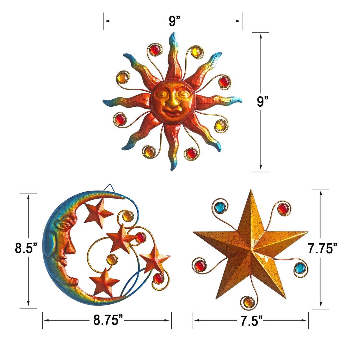 VividLadybug Celestial Wall Decoration Sculpture, Metal Wall Sculpture, Silhouette Wall Decoration, Metal Sun Moon Star Wall Art Sculpture Decoration, Set of 3