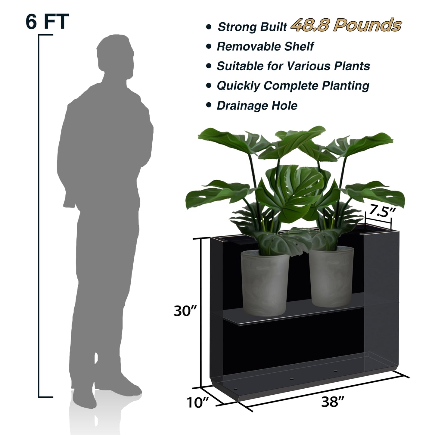 Wallowa Metallic Heavy Outdoor Planter Box, Span Planter, Pure Black with Hand Brushed Gold Rim, Long and Tall Divider Planter, No Assembly and Seamless, 38”Lx10”Wx30”H 48.8 Pounds