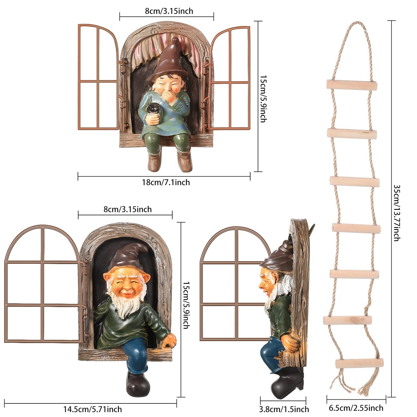 Thyle 4 Pieces Garden Gnomes Outdoor Tree Hugger Gnome Fairy Statue Elf Out the Door Resin Figurine Hanging Ladder Decoration Tree Faces Decor Outdoor for Patio Yard Lawn(Rustic Style)