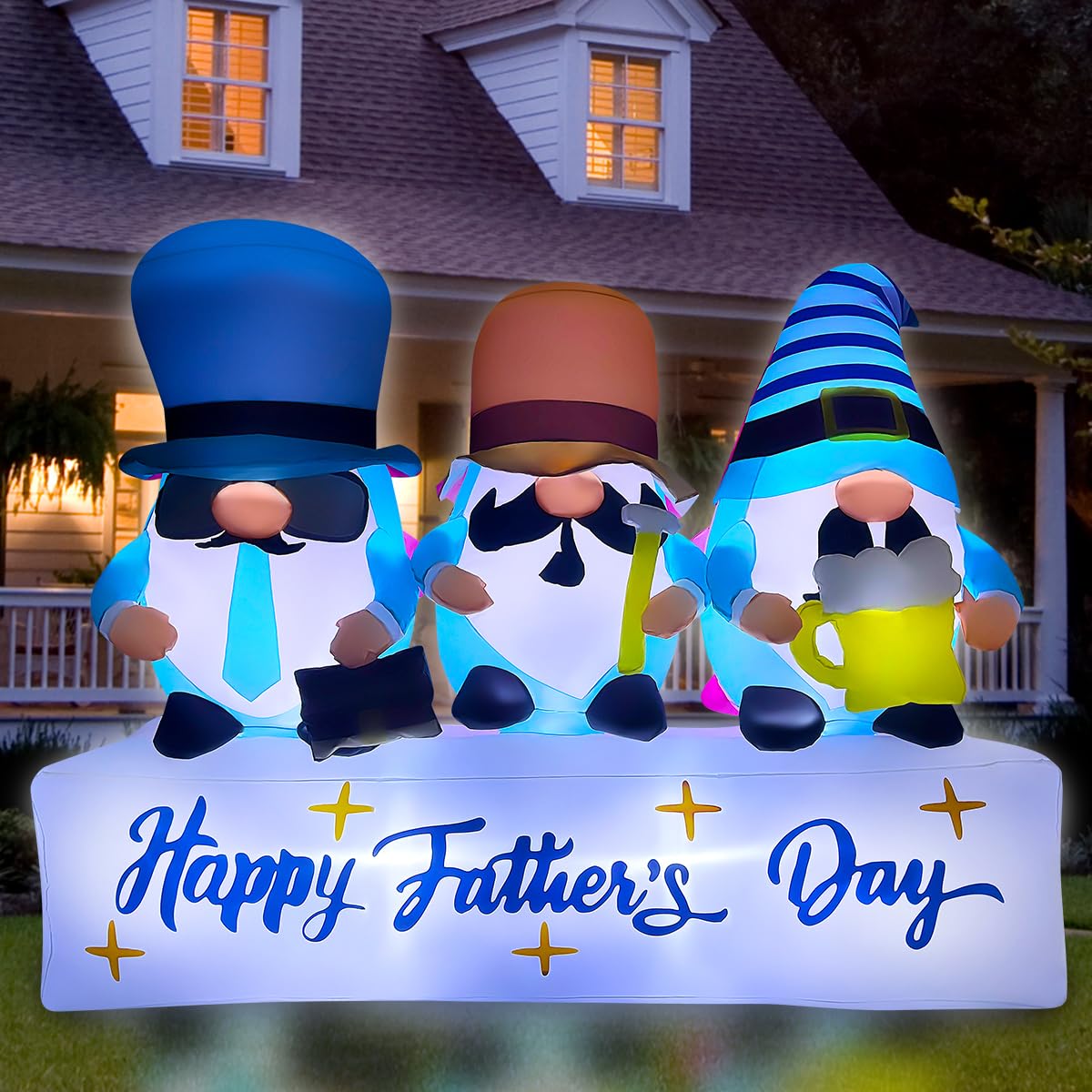 bbioc 7FT Long Inflatable Happy Mother's Day Decorations, Father's Day Inflatable Double Side Decorations, Three Gnomes Built-in LED Lighted Blow Up Decoration Home Yard Outdoor Indoor Decor
