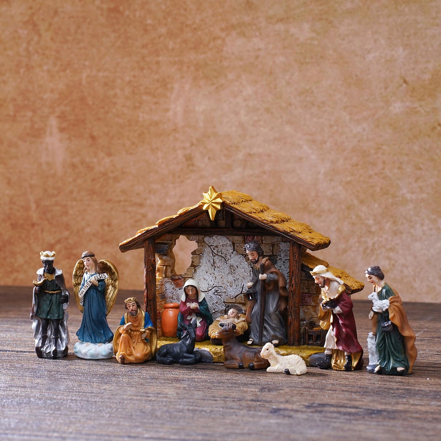 QZLUJIANG Traditional Christmas Nativity Scene Set with Stable, 12 Piece Resin Figurine Collection, Holiday Religious Decor (3.3inch)