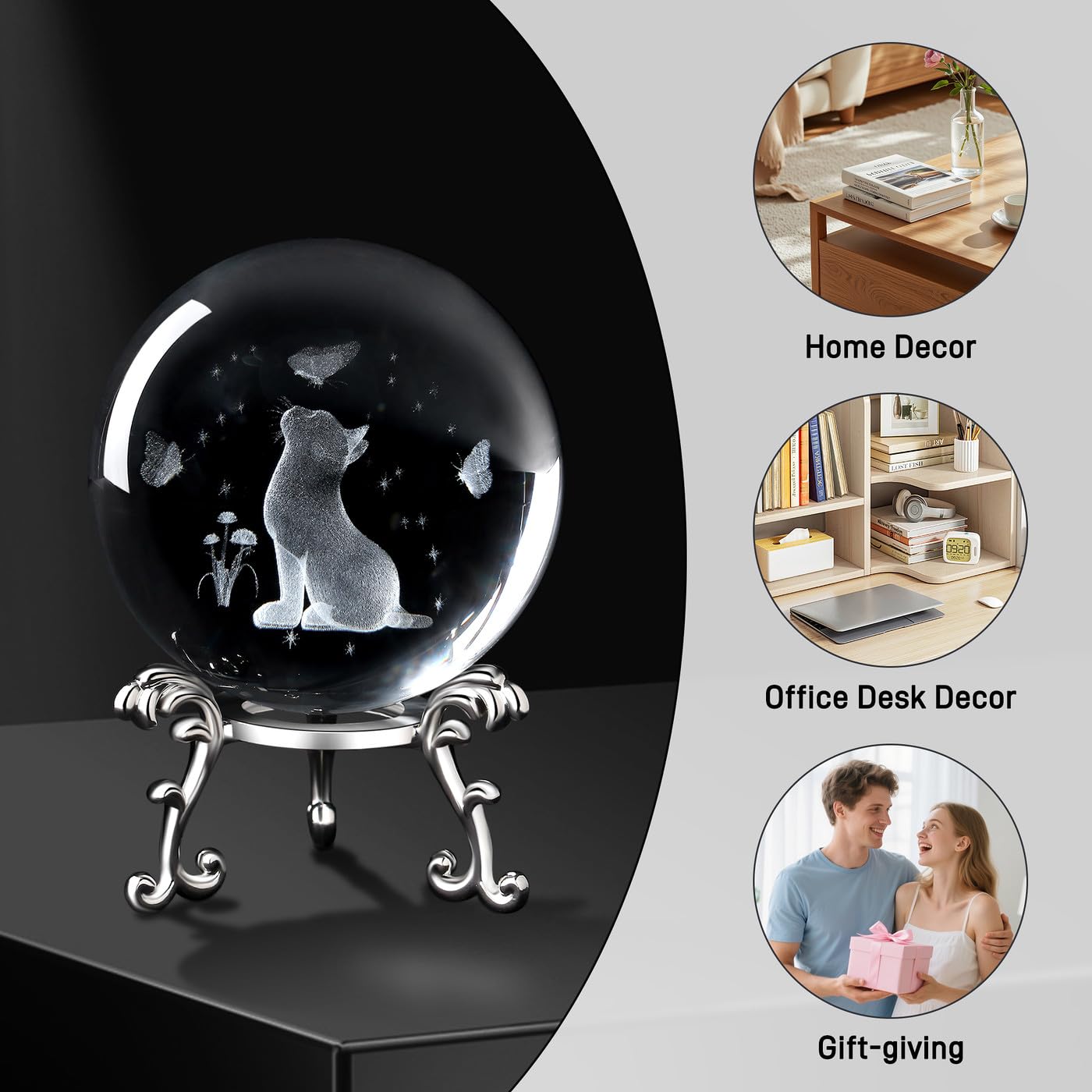 MAIBAOTA Cat Gifts for Cat Lovers Women 3D Crystal Cats Theme Stuff Figurines Money Attraction Decor Good Lucky Gifts 60mm Glass Laser Ball Paperweight with Stand Glass Sphere