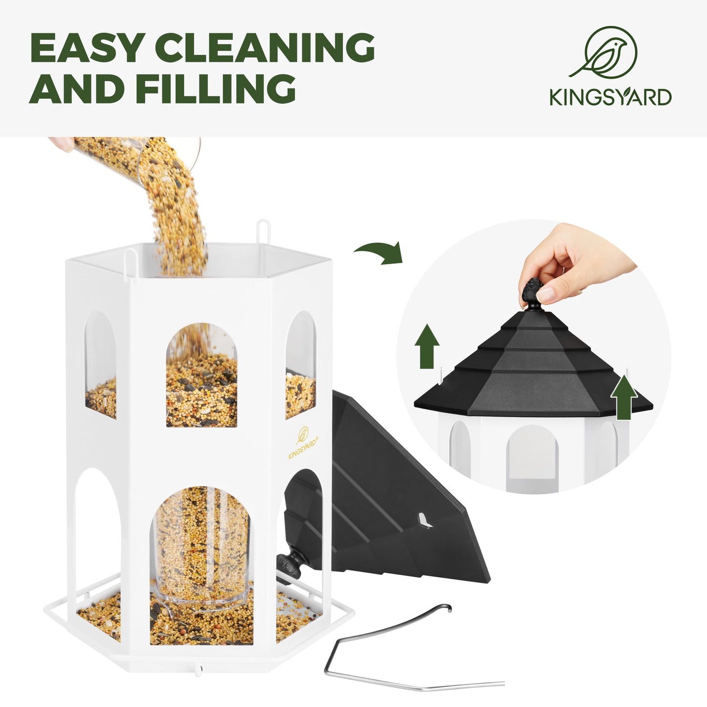 Kingsyard Metal Bird Feeder for Outdoor Hanging, Wild Bird Feeders with Circular Perch, Easy to Clean & Refill, 4 lbs Large Seed Capacity, White