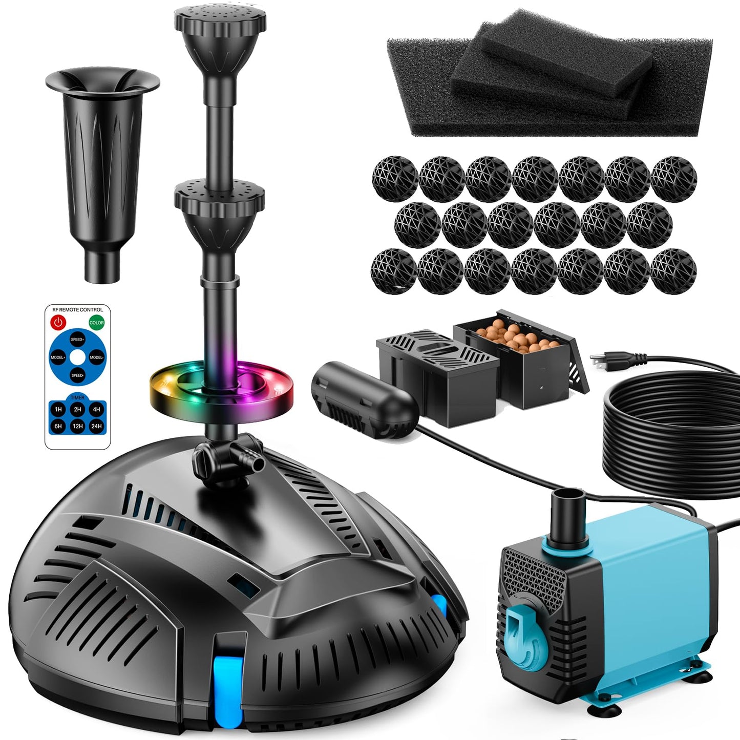 Antfraer Pond Filter with U-V Clarifier, 660GPH Pond Pump and Filter Kit & RGB LED Lights, All-in-One Submersible Pond Fountain for Outdoor Ponds, Koi Ponds, Water Gardens with Remote Control