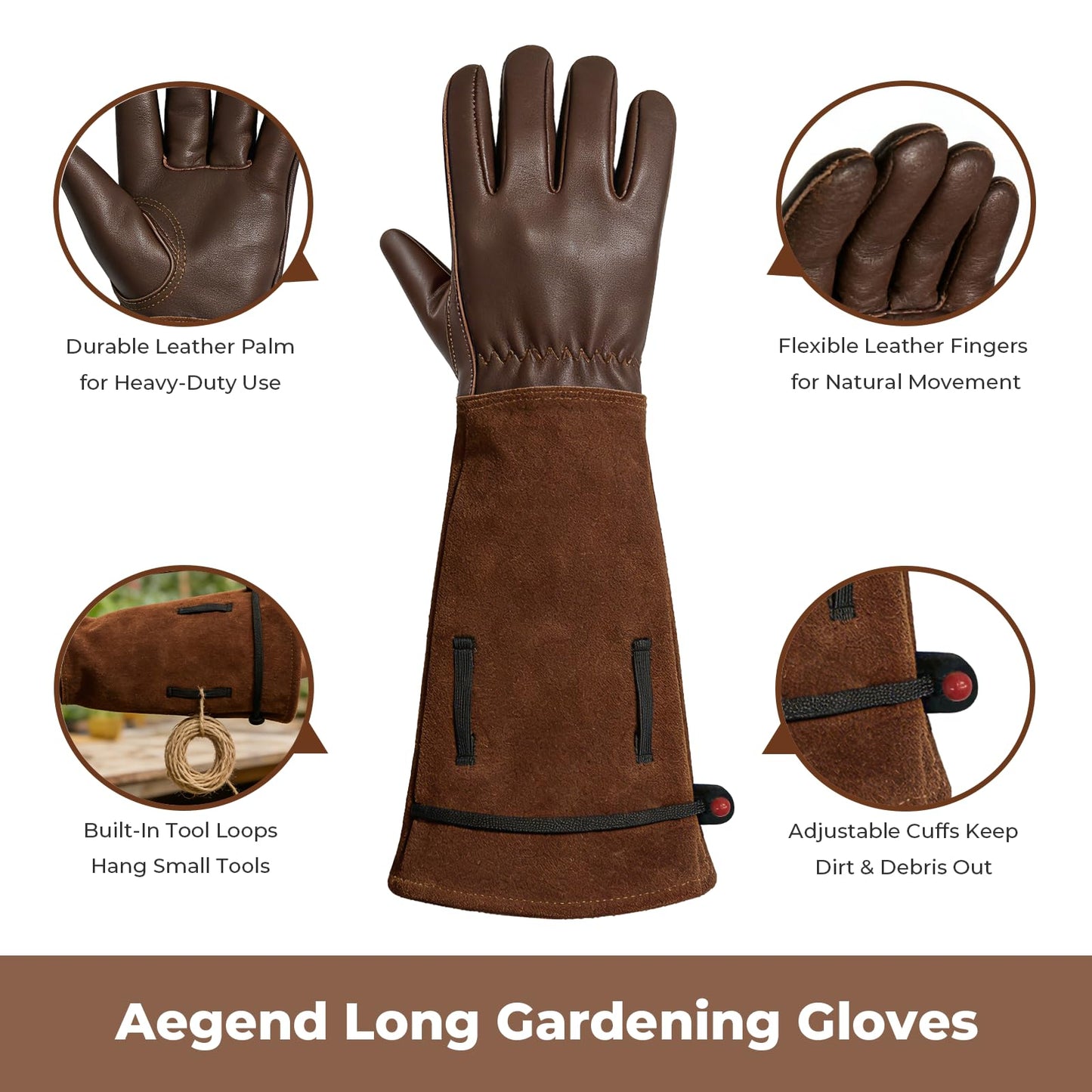 Aegend Women’s Garden Gloves, Long Elbow Cuff Adjustable Strap, Sun & Dirt Protection, Cowhide Leather, Breathable Comfortable for Gardening, Fit Small Hands for Gardeners (Brown, S)