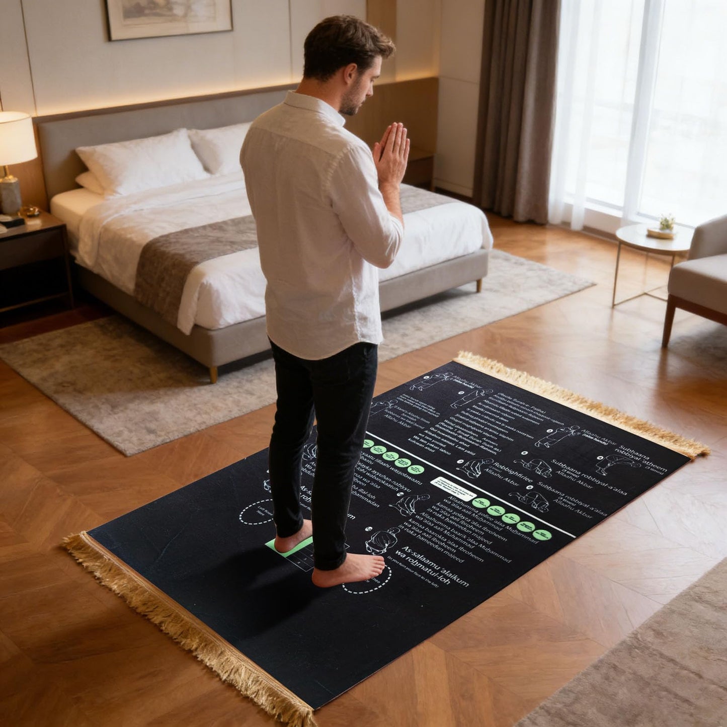 Read in English and say it in Arabic Guided Prayer Mat, Non-Slip Educational Janamaz for New Muslims, Reverts & Kids Learning Prayer - Large Spiritual Gift (Black, 65x110cm)