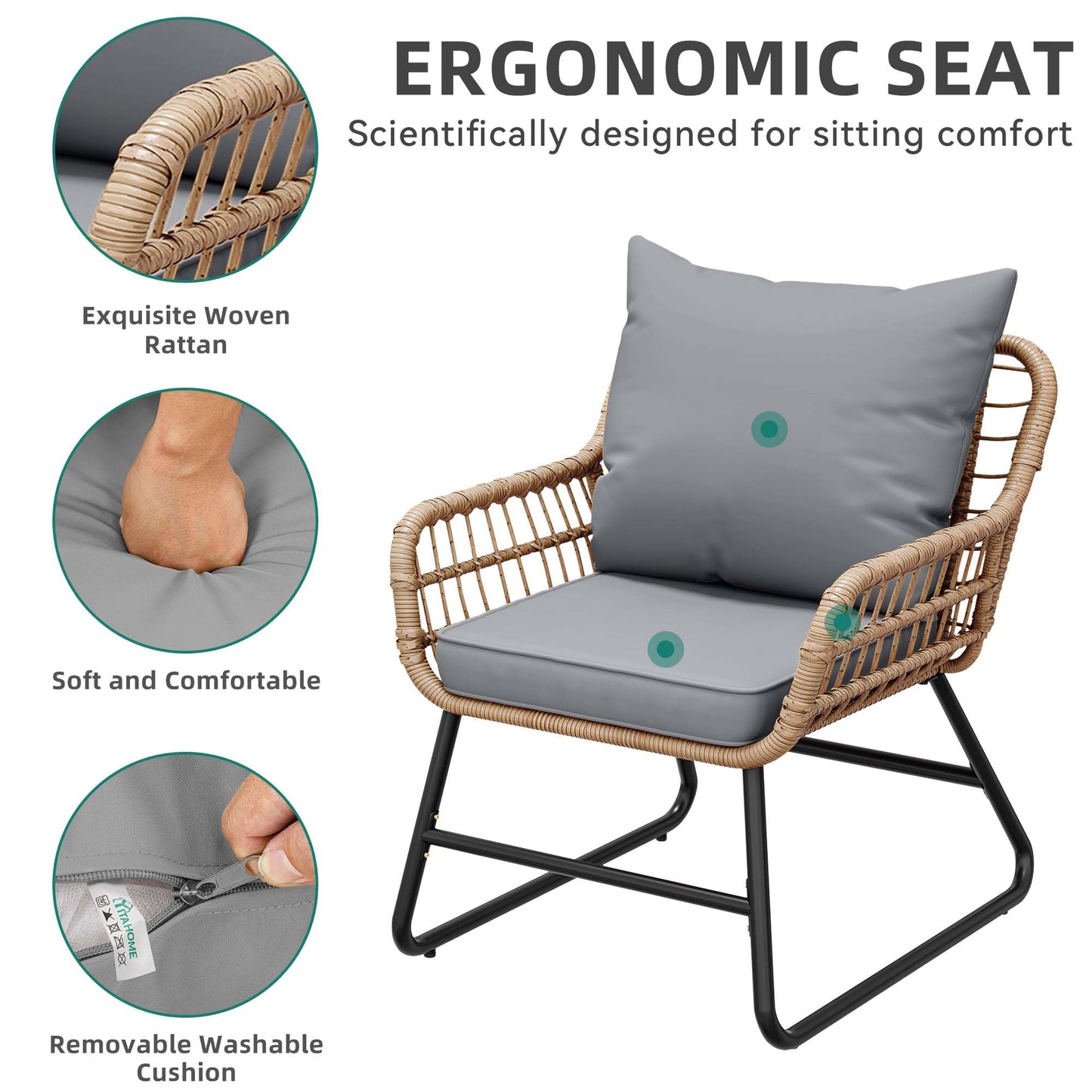 YITAHOME 4-Piece Patio Furniture Set, Wicker Outdoor Furniture Set with Cushions, Outdoor Table and Chairs for Balcony, Backyard, Deck, All-Weather Rattan Conversation Set, Light Gray