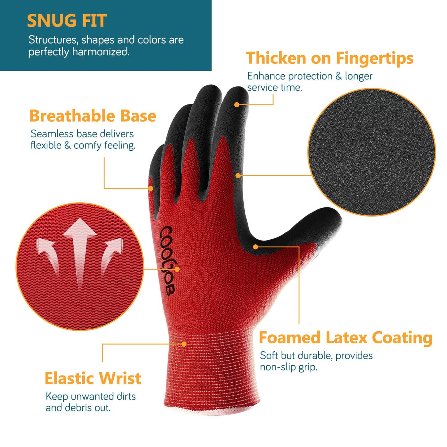 COOLJOB Gardening Gloves for Men, 6 Pairs Breathable Rubber Coated for Garden Weeding Landscaping, Outside Work for Lawn Yard, Men's Large Size, Black & Red