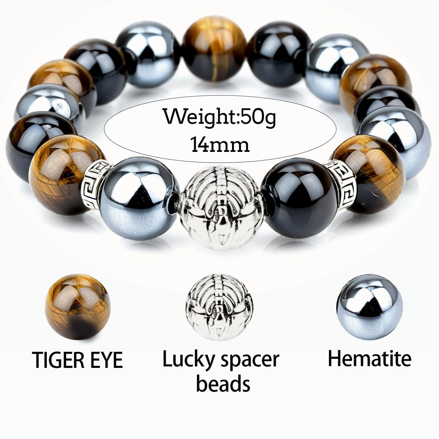 PZTIIY Large 14mm Tiger's Eye Obsidian Hematite Triple Protection Bracelet - Lucky Spacers Unisex Stretch Bracelet, Blessing Healing Jewelry, Great Gift Choice for Parents/Partners/Employees