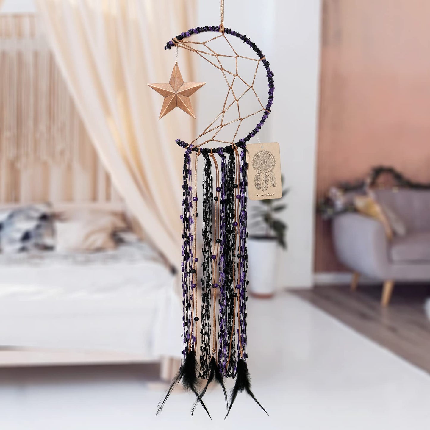 Dremisland Moon Dream Catcher Handmade Half Circle Moon Design Dream Catcher Feather Hanging with Star Home Decoration Ornament Festival Gift (Purple)