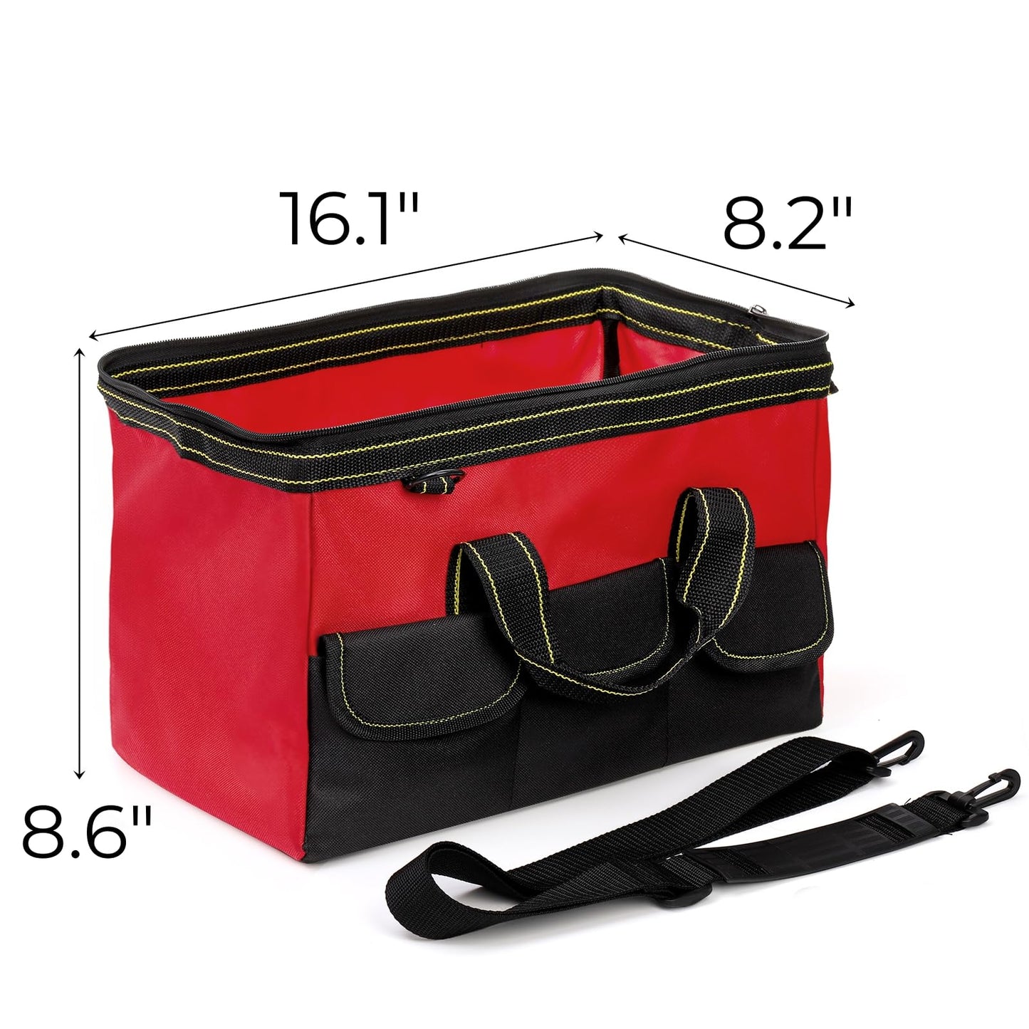 Hiceeden 16 Inch Wide Mouth Tool Bag, Collapsible Tool Tote with Waterproof Coating and Adjustable Strap, Portable Electrician Tool Organizer Handbag with 5 Outside Pockets, Red