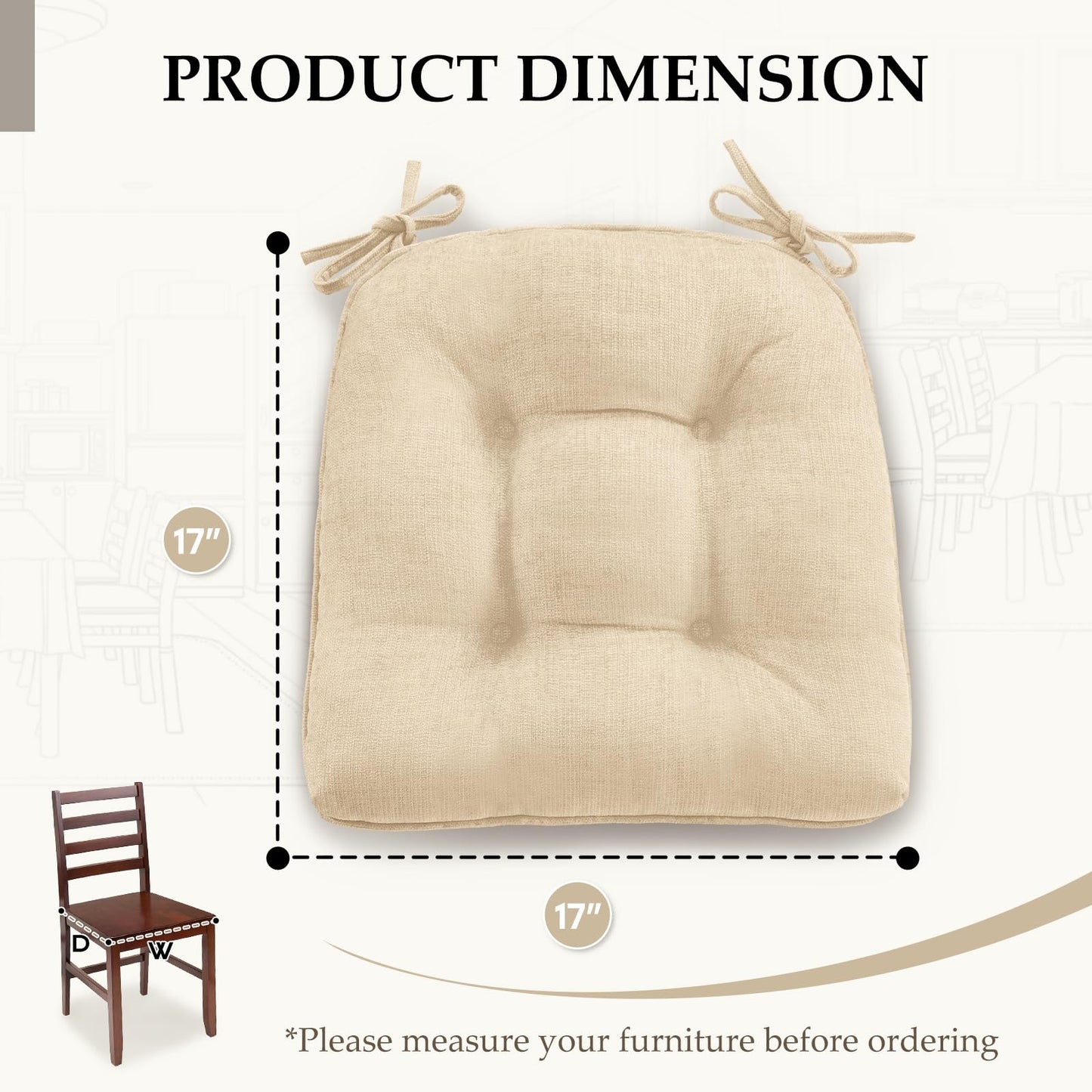 HARBOREST Chair Cushions for Dining Chairs Set of 4 - Chenille Tufted Kitchen Chair Cushions with Ties and Non-Slip Bottom, Foam Chair Pads for Dining Chairs, 17" x 17", Ivory