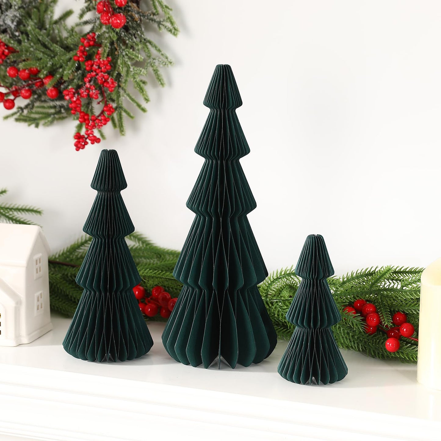 Christmas Decorations- 3PCS Honeycomb Christmas Tree DIY Table Centerpiece Set for Xmas Holiday Fireplace Table Party Decor (Green)