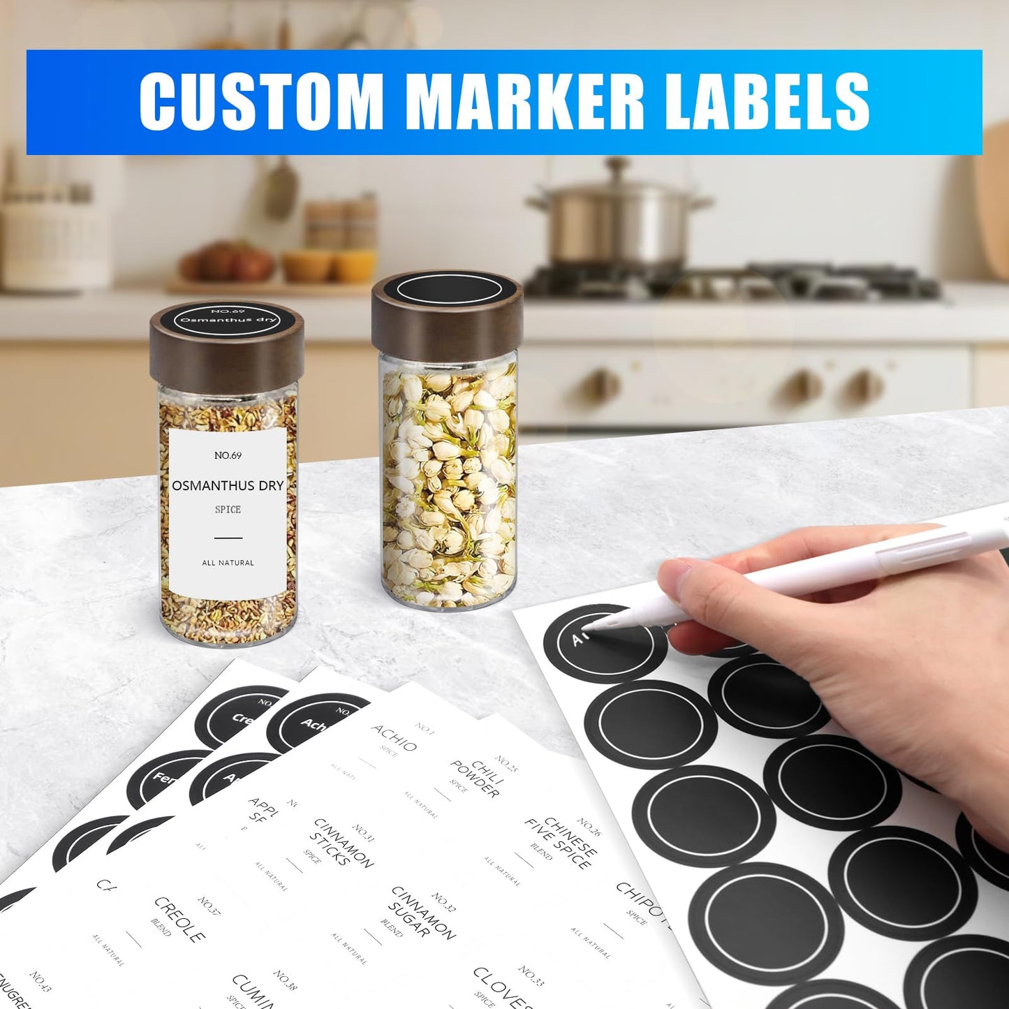 VIBRATITE 30 Pack Spice Jars with Acacia Lids, 4 oz Round Glass Jars Spice Containers Set with Labels, Pen, Funnel, Seasoning Storage Bottles with Shaker Lids for Rack, Cabinet, Drawer