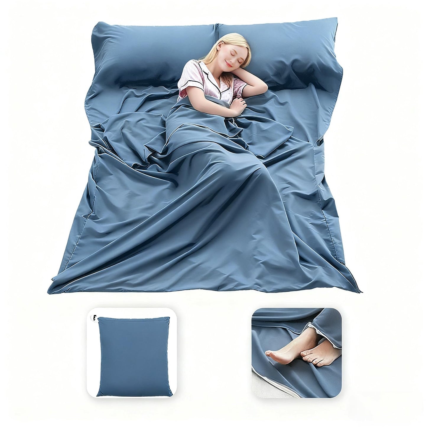 MongByYa Sleeping Bag Liner Lightweight Compact Sleeping Bag Sack Portable Clean Travel Sheet Camping Sleep Sheet for Backpacking Hotel Hiking (Mystic Blue, 82.7” X 70.9”)