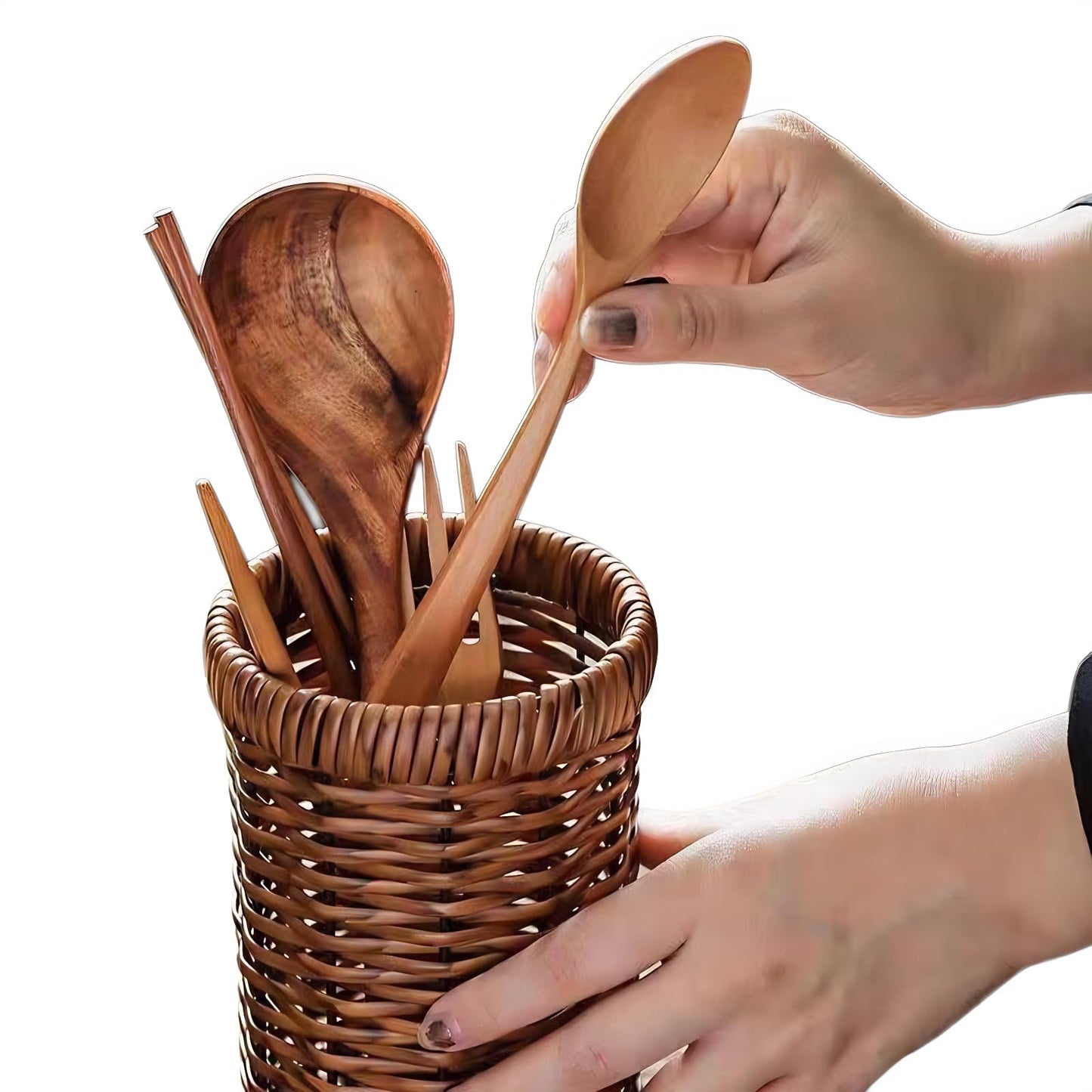 Awbdzl Utensil Holder Spoon Kitchen Counter Decor Wooden/Wicker Utensil Caddy6.1 L x 4" W x 4" H Farmhouse Kitchen Decor