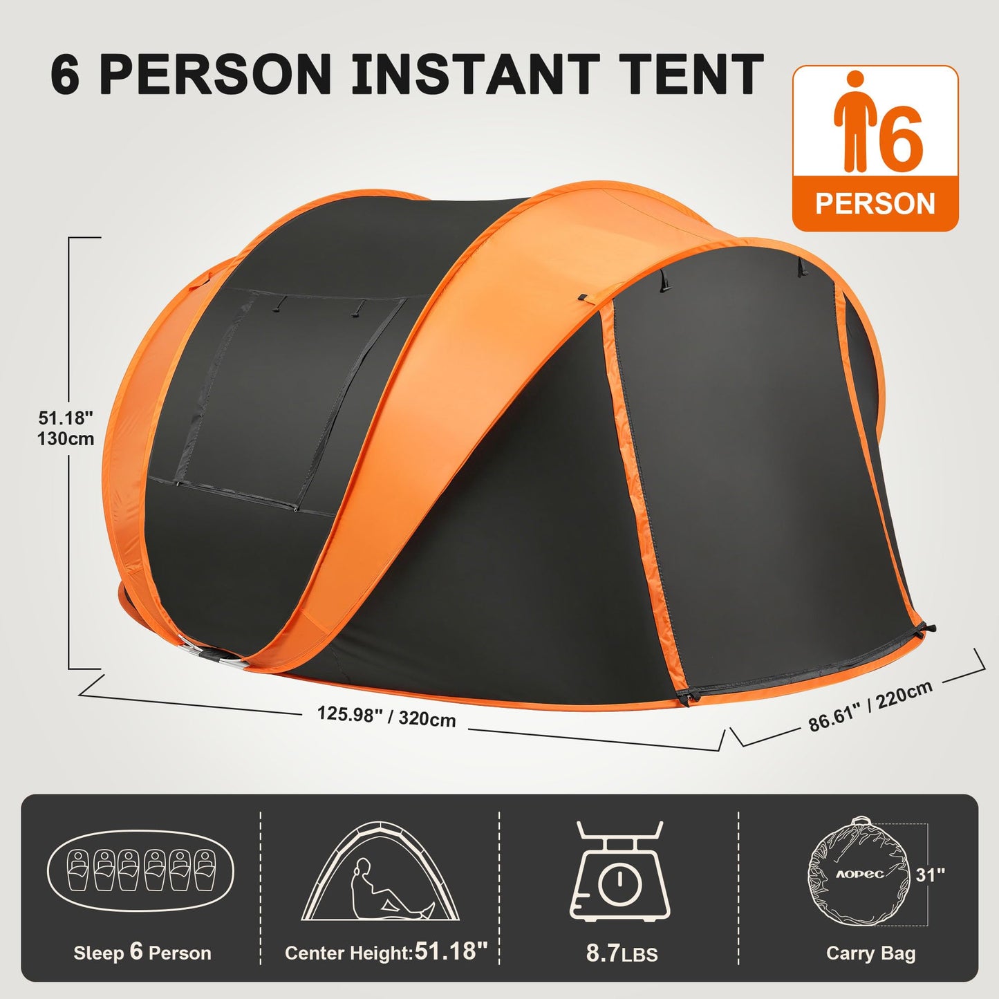 AOPEC Pop Up Camping Tent, 2/4/6 Person Instant Tent Waterproof PU4500mm, Spacious Ventilated Camping Tent with Front Porch, Quick Setup Lightweight Portable for Outdoor Camping Hiking Beach