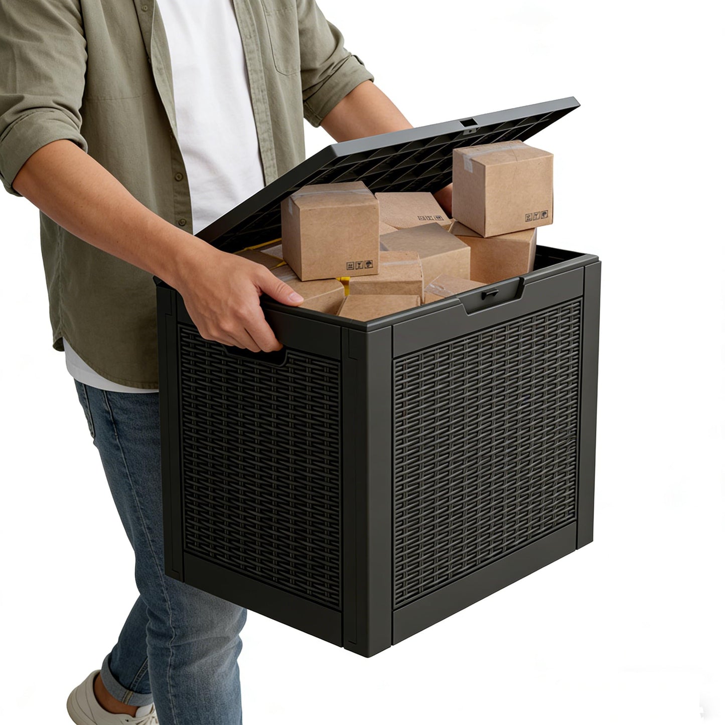 WTFGO 31 Gallon Outdoor Storage Box, Resin Deck Boxes Outdoor Waterproof For Patio Furniture, Garden Tools, Pool Supplies, Lockable And UV Resistant (Rattan Black)