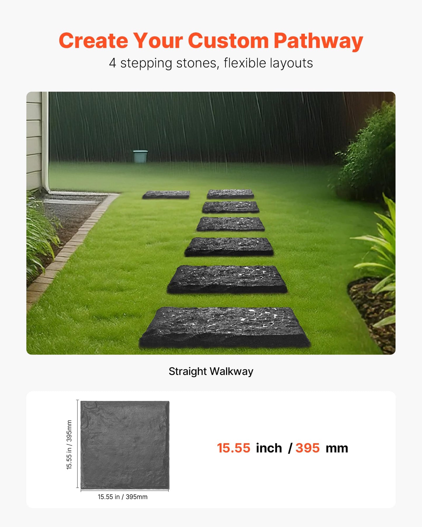 VEVOR Garden Stepping Stones, 4Pcs 15.5 x 15.5 in, Decorative Stepping Stones with Stakes, Weather-Resistant Plastic Pathway Pavers, Smooth Surface, Outdoor Walkway for Lawn Patio Landscape, Grey