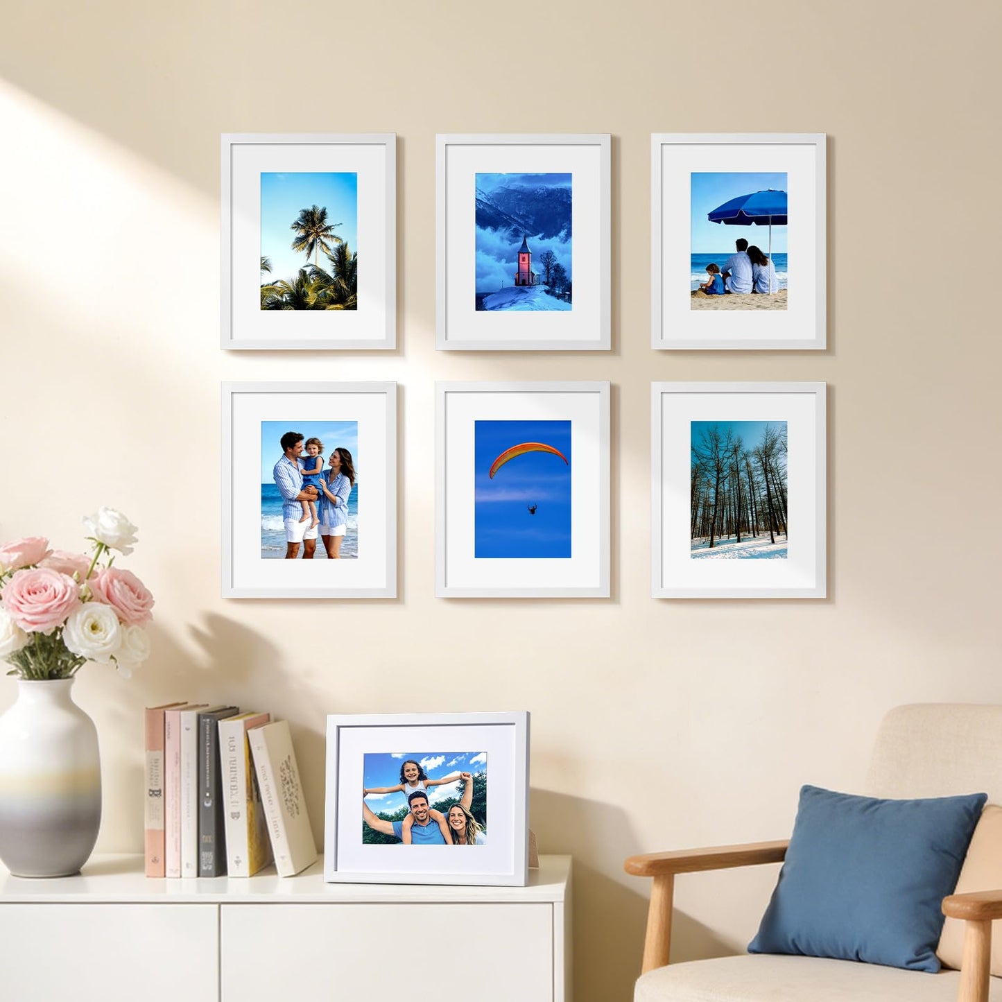 HappyHapi 8x10 Picture Frame Set of 6, 8x10 White Picture Frame Display Pictures 5x7 with Mat or 8x10 Without Mat. Wall Hanging Photo Frame or Tabletop Display Gallery Frame (White)