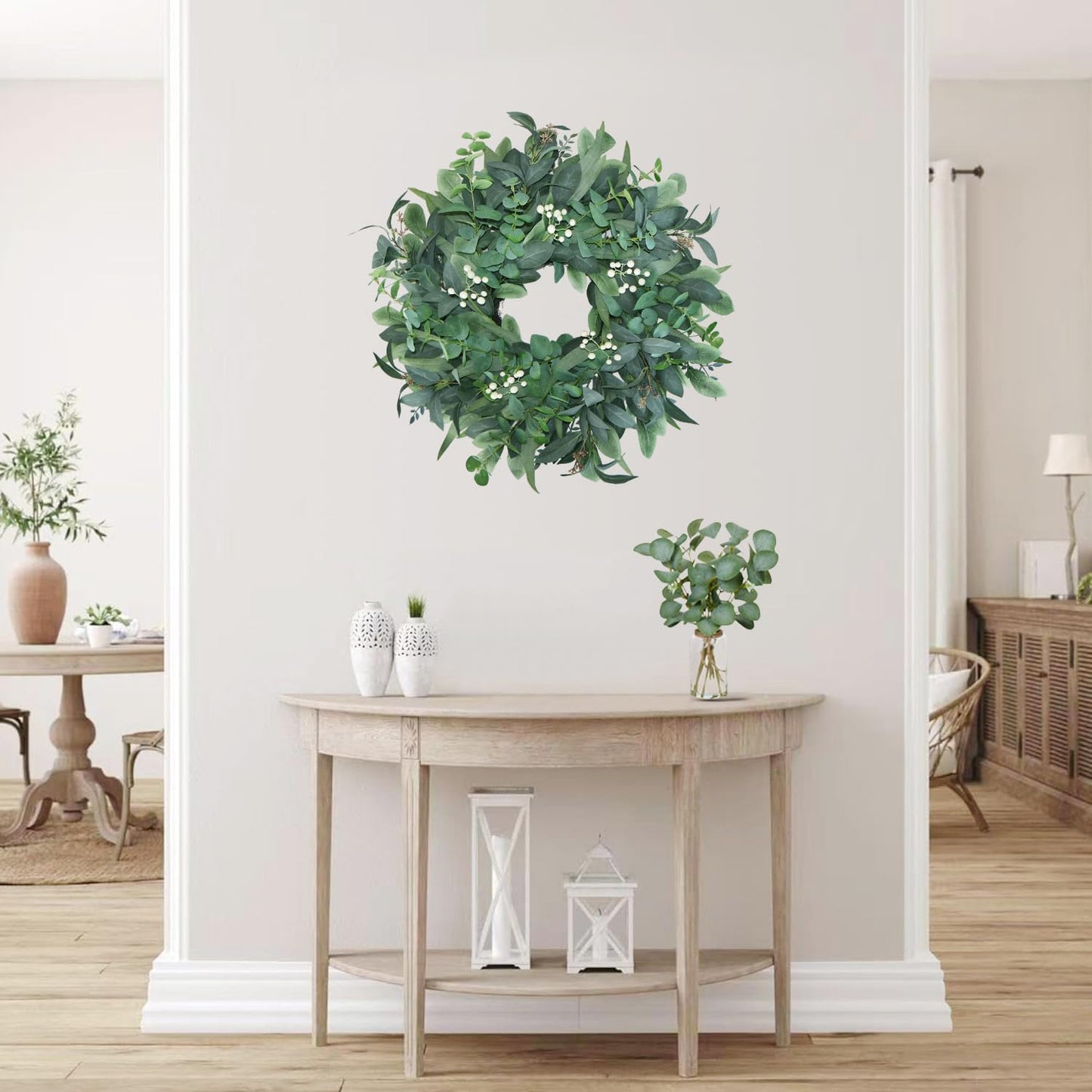 BINFEN 24"-26“ Green Eucalyptus Wreaths for Front Door with White Berries – Lifelike Spring, Summer, and Winter Wreath for Farmhouse Front Porch, Window, Door Decor