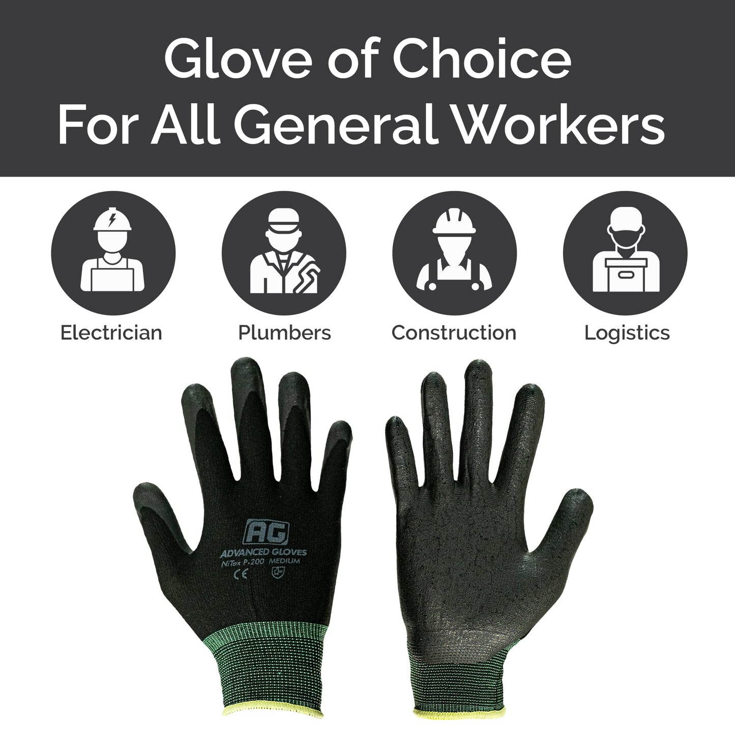 ADVANCED GLOVES – NiTex P-200 Nylon Nitrile Gloves, Breathable Nitrile Foam Coated Utility Gloves for Insulated Grip, Black, 6-Pair, Large