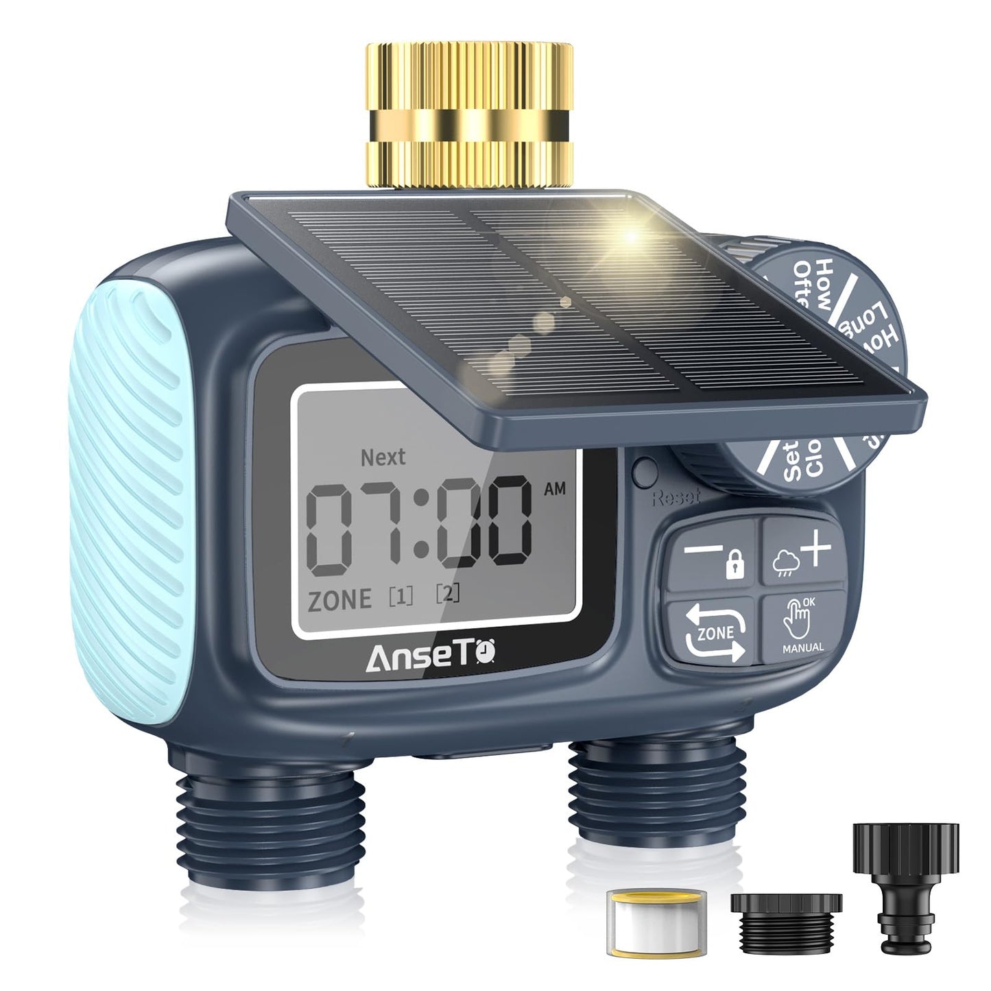 AnseTo Solar Sprinkler Timer,Brass Inlet Hose Timer for Garden Hose,Programmable Water Timers,Plant Watering Devices,Garden Watering System, Rain Delay/Manual/Automatic Irrigation System, 2 Outlet