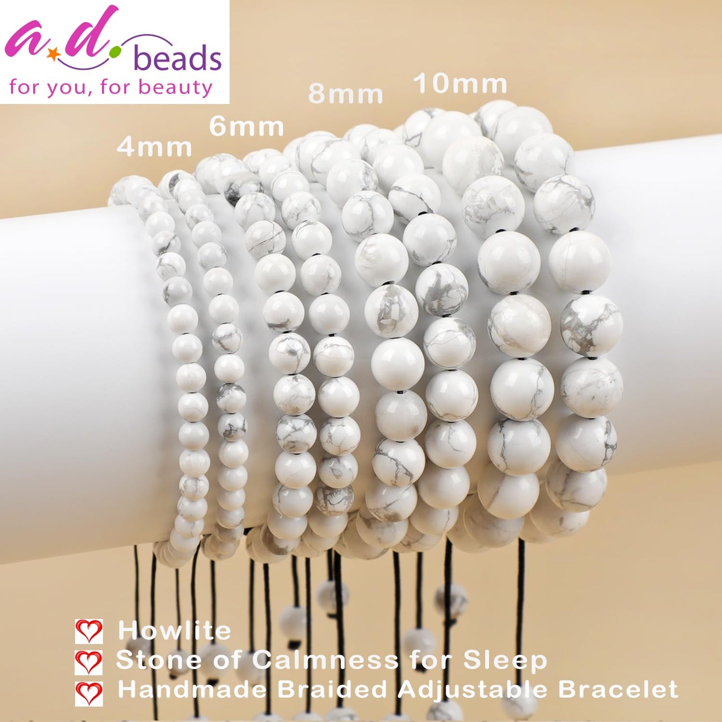AD Beads 8mm Howlite - Calmness for Sleep - Handmade Natural Stone Crystal Bracelet with Adjustable Macrame String - Yoga Healing Power Energy Gifts for Men and Women