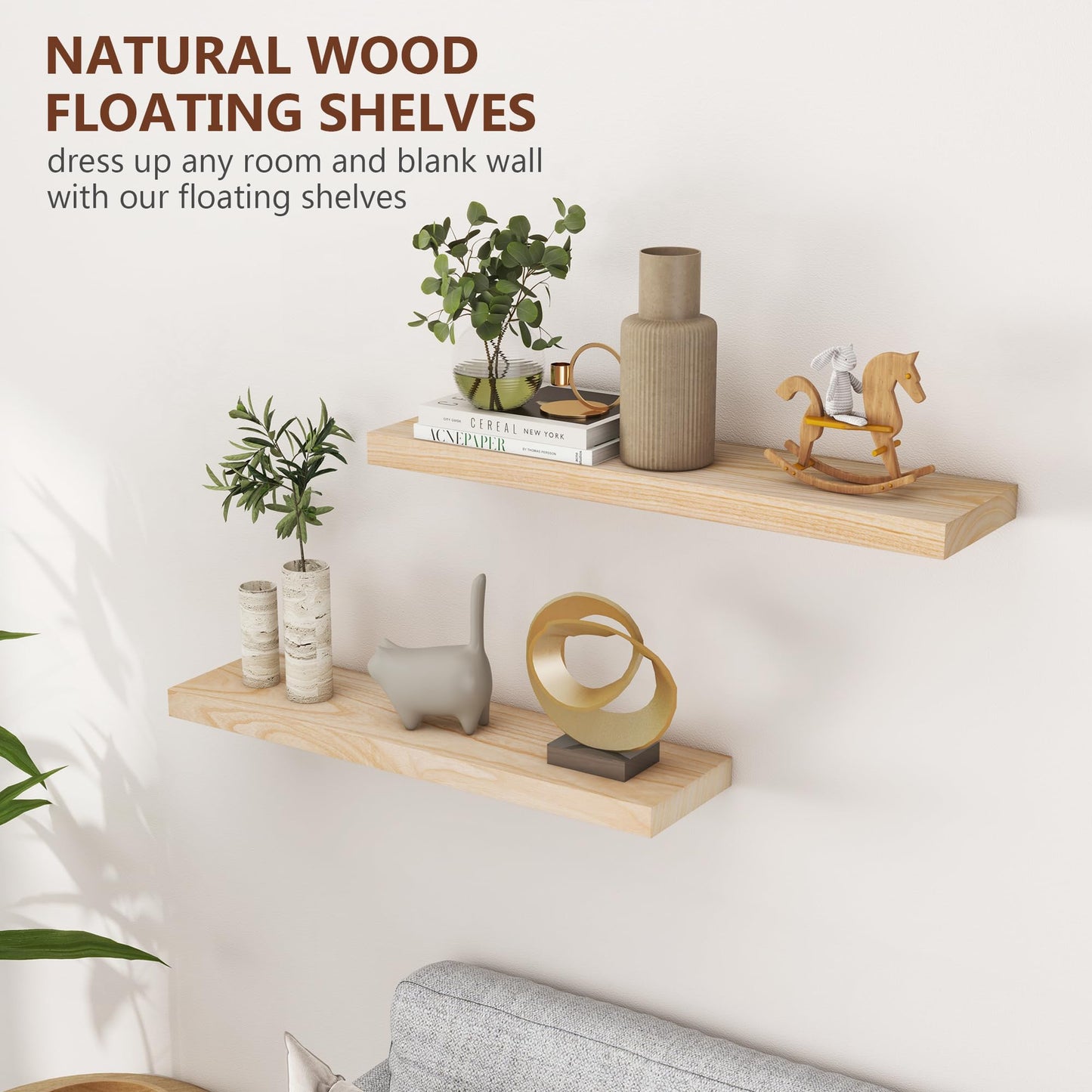 fuqing 30 Inch Floating Shelves | Natural Wood Wall Shelves Set of 2 | 30" W x 6.7" D Natural Wooden Floating Shelves for Living Room Bedroom Home Office
