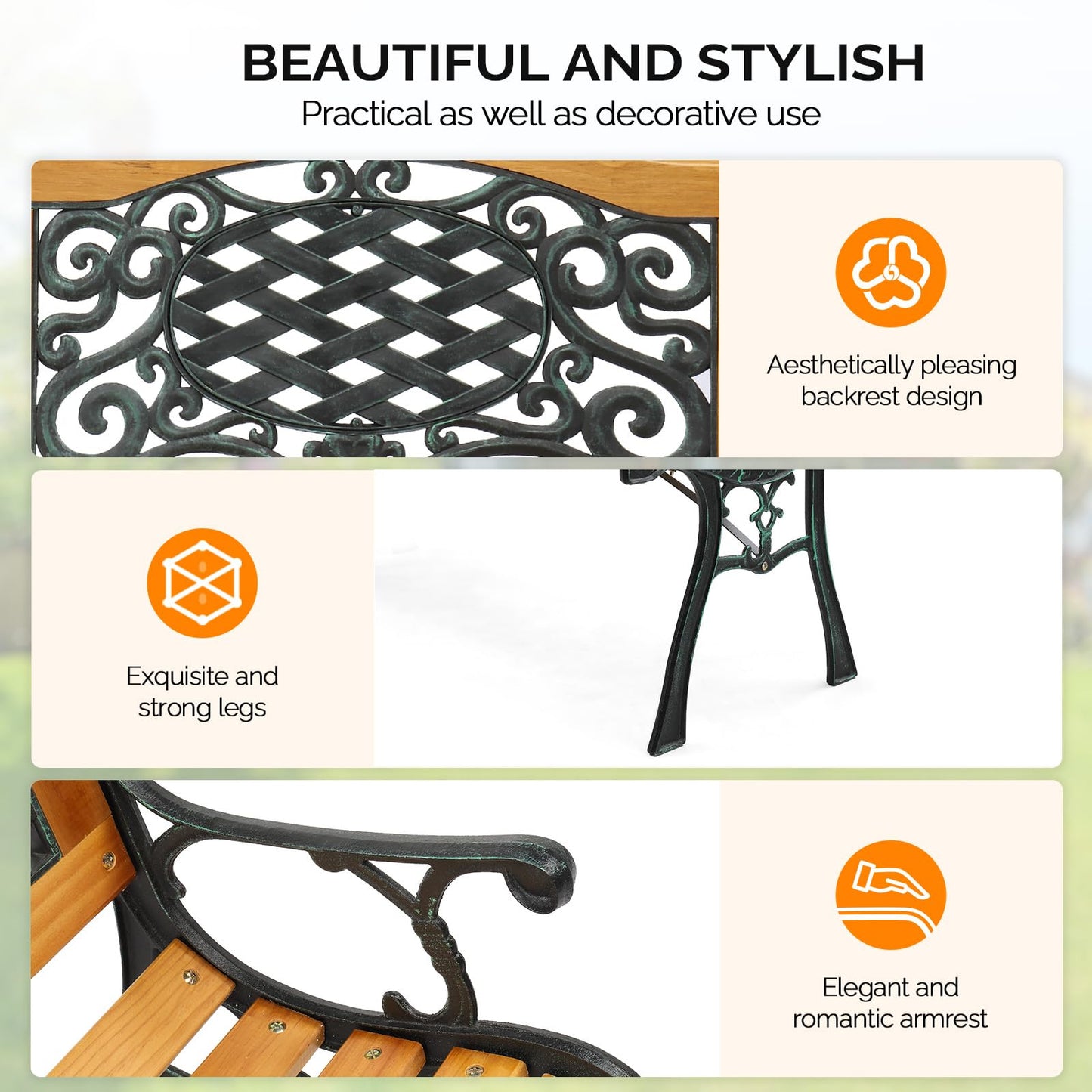 VINGLI Classic Cast Iron & Teak Arched Back Rectangular Outdoor Bench, 3-Seater, 470 lbs Capacity, Easy Assembly, Weather Resistant, 49.5" W x 20.5" D x 29" H