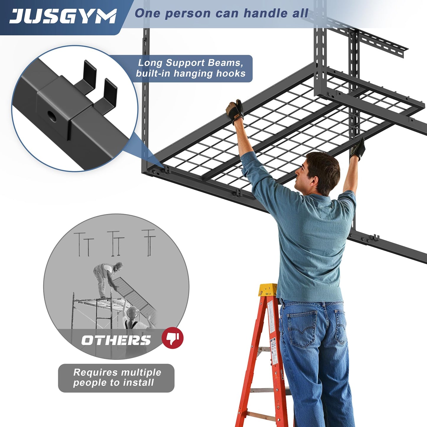 Jusgym 3X6FT Overhead Garage Storage Rack, 26"-40" Height Adjustable Garage Ceiling Storage Racks, Heavy Duty Metal Overhead Storage Organizer System, 450LBS Weight Capacity