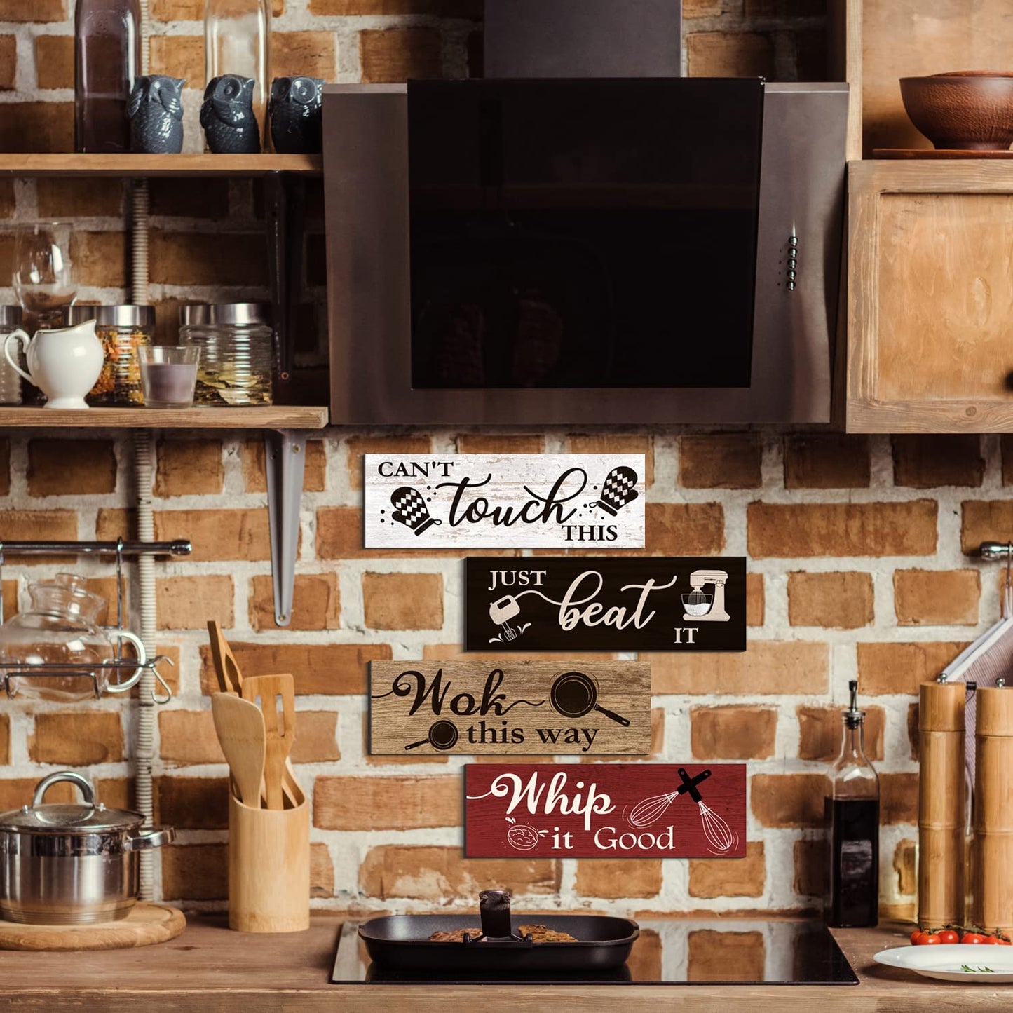 4 Pcs Kitchen Wall Decor Signs, Funny Wood Home Sign, Rustic Farmhouse Wall Hanging Art for Kitchen Dining Room Decoration (Retro Style-A, 4 x 11.8 inch x 4pcs)