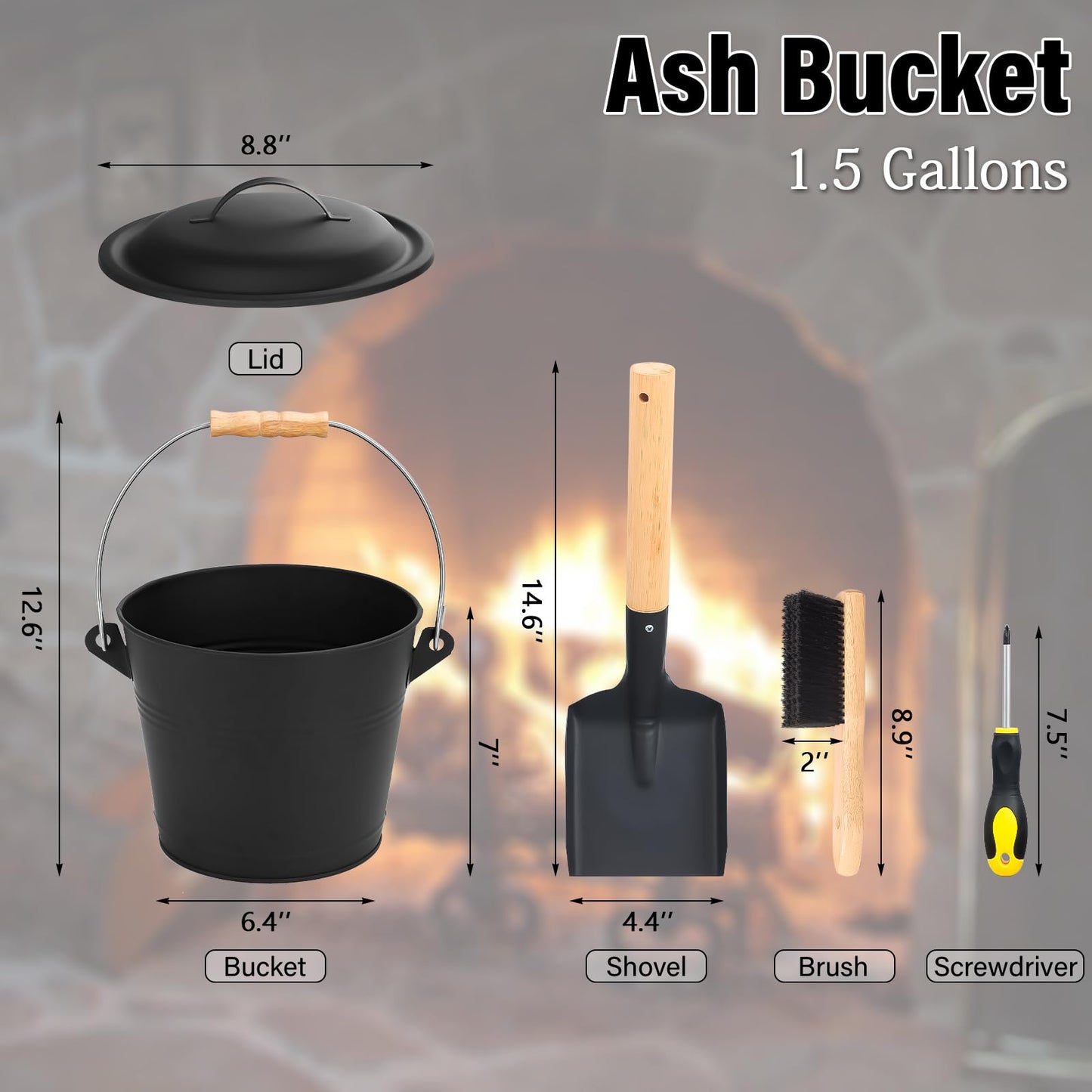 FEED GARDEN Fireplace Tools Set, 1.5 Gallon Mini Ash Bucket with Lid, Shovel, Heat-Resistant Brush & Screwdriver, Heavy Duty Galvanized Iron Ash Cleaning Tool Set, Compact 7.5" x 8.8" x 6.4”, Black
