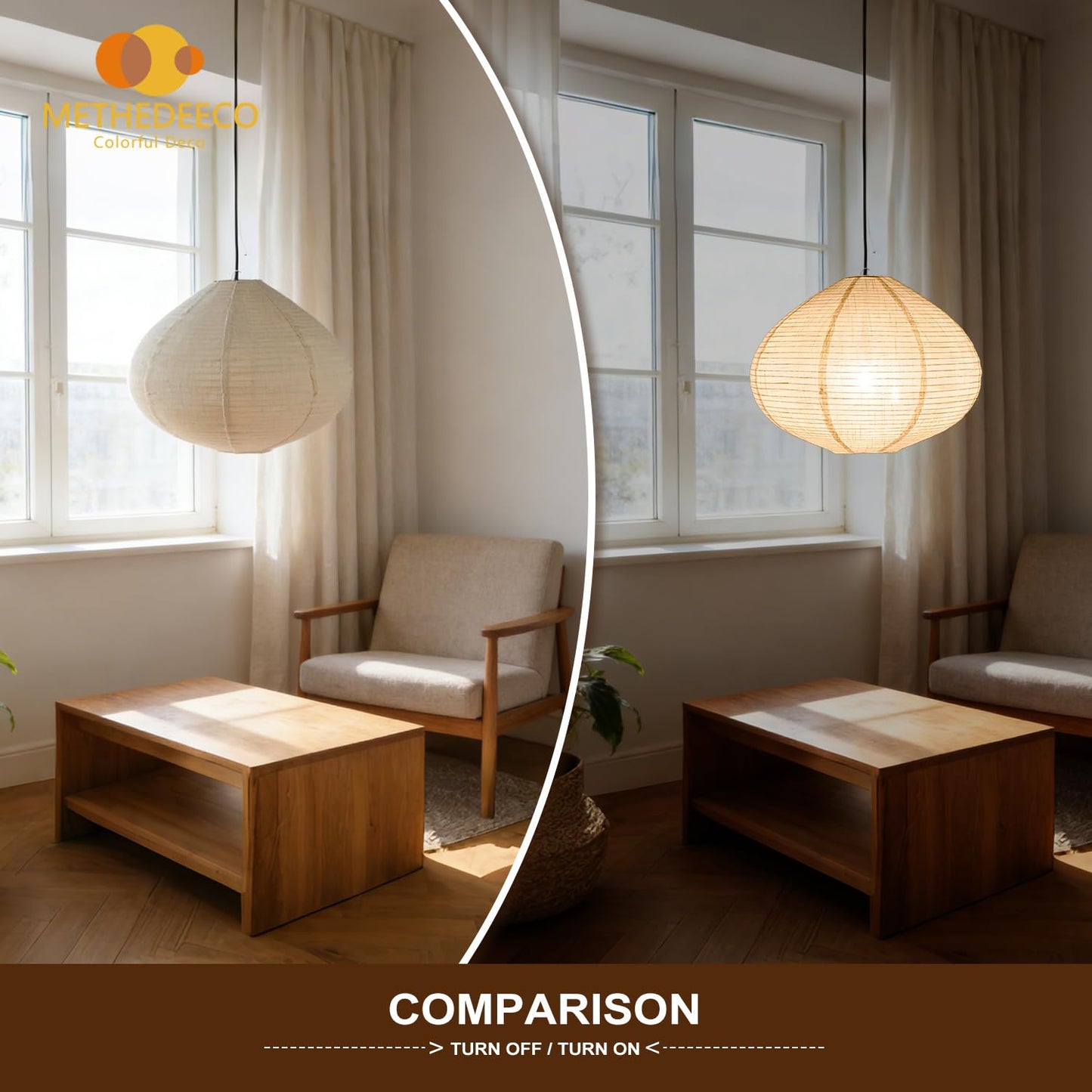METHEDEECO Oval Hanging Lamp Shade, 16 Inch Faux Linen Pendant Lamp Shade, Foldable Fabric Replacement Shade, White with Beige, Minimalist Pendant Lantern Shade for Bedroom Living Room Kitchen