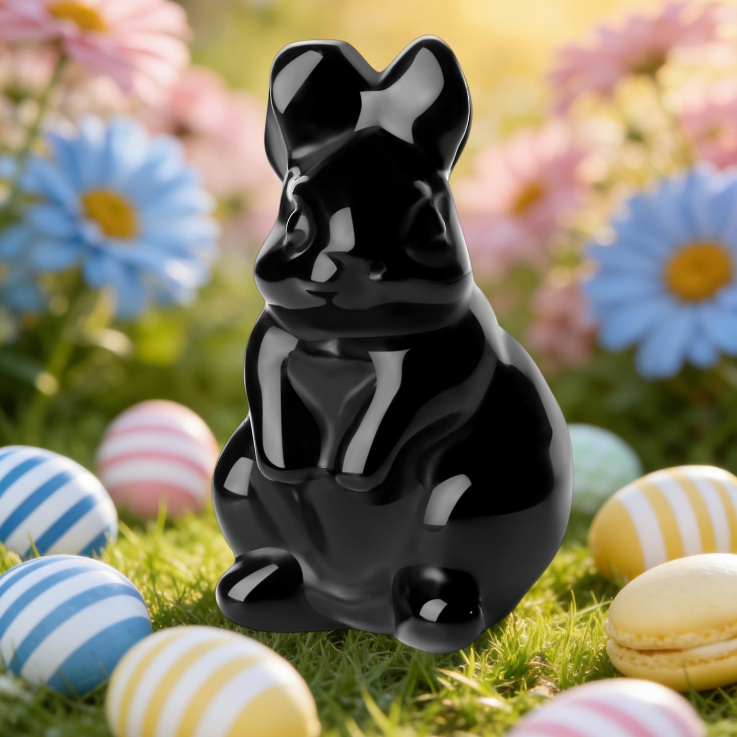 QINJIEJIE 2" Bunny Decor Easter Rabbit Decor Black Obsidian Crystals Rabbit Figurine Healing Stones Carved Statue Gemstones Polished Gem for Spring Easter Home Decor Party Favors