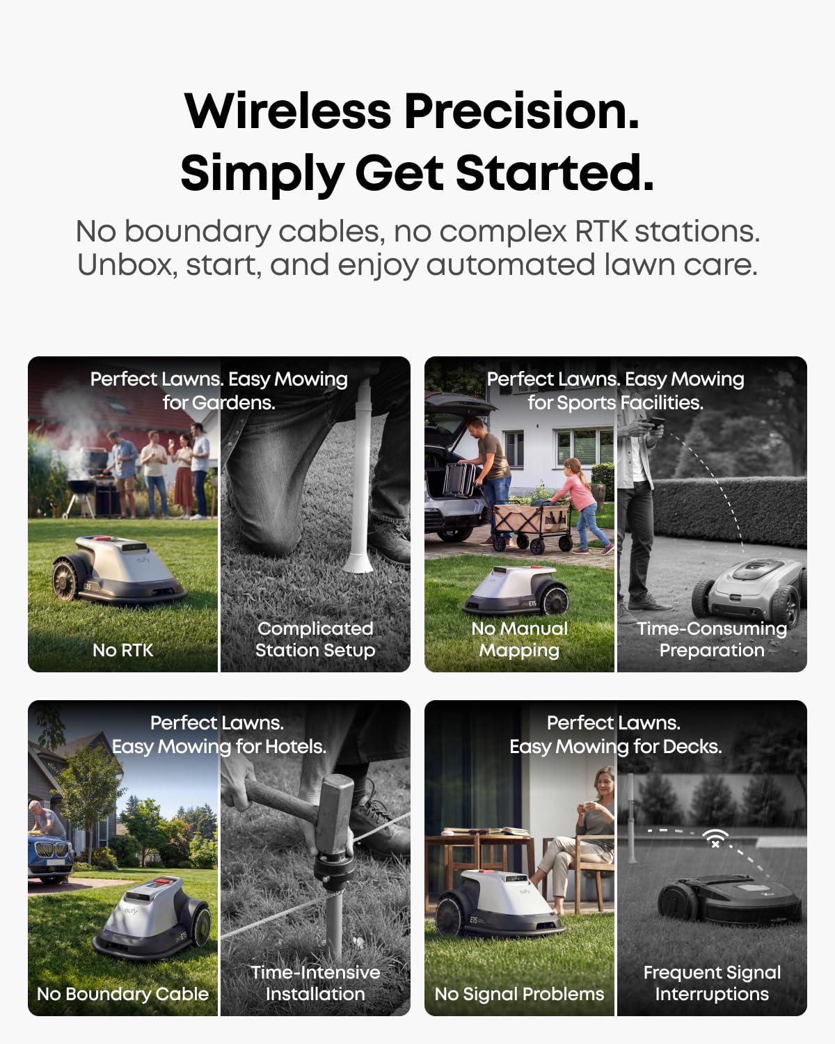 eufy E18 Robot Lawn Mower, Max 0.3 Acres, Vision Navigation, Hands-Free Auto Mapping, Wire Free RTK Free, Multi-Zone Management, AI Obstacle Avoidance, APP Control, 18° Slope, Cut Height 1"-3"