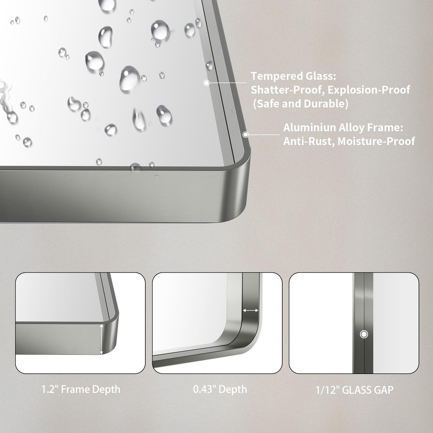 LOAAO 22X30 Inch Brushed Nickel Bathroom Mirror, Rounded Rectangle Silver Metal Frame Mirror, Brushed Nickel, Anti-Rust, Hangs Horizontally or Vertically