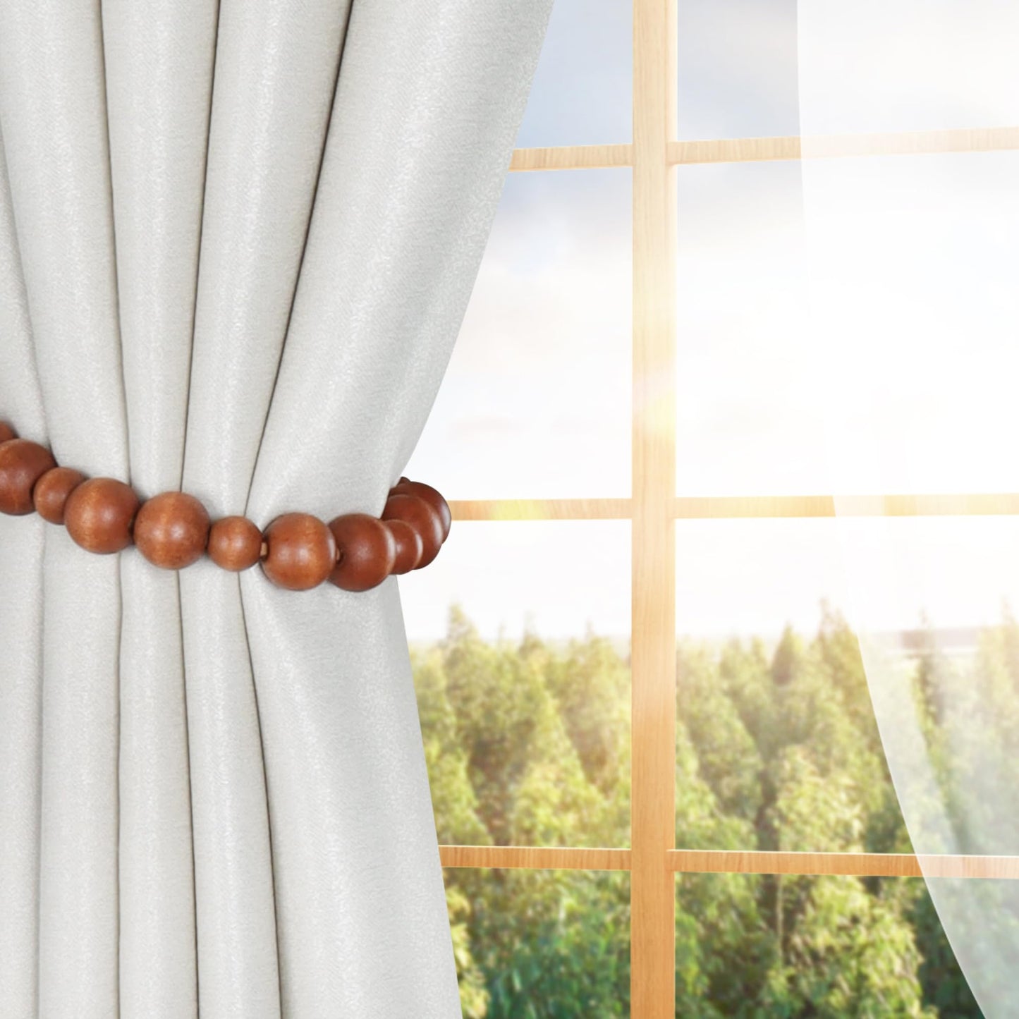OCIOLI 2 Pieces Curtain Tieback Wood Bead Curtain Tiebacks Curtain Holdbacks for Wall Curtain Ties Window Treatment Curtain Tie Backs with Hooks Curtain Pull Backs (Coffee,2)