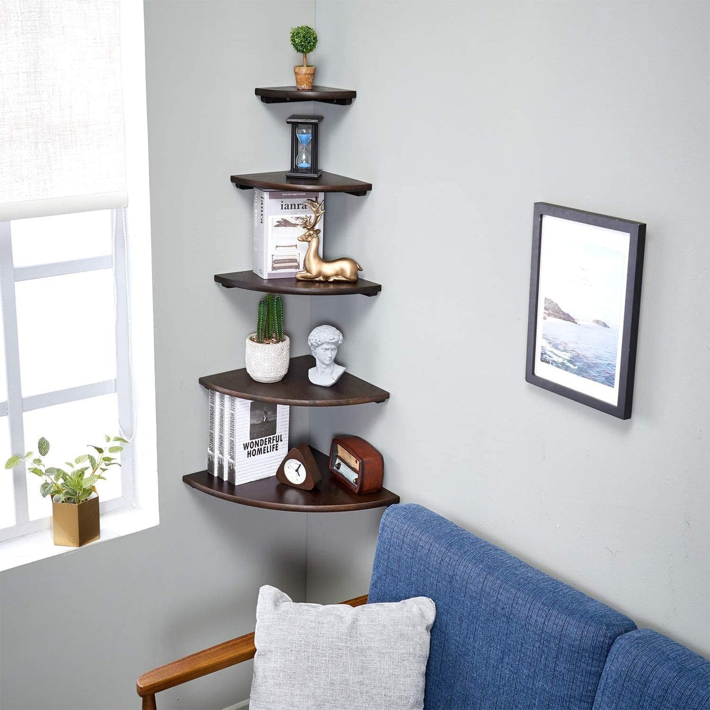 Conamily Corner Shelf,14inch Walnut Solid Wood Floating Corner Shelves Wall Mount Round End Floating Speaker Rack with Wire Hole for Small Plant for Bedroom Kitchen, Living Room