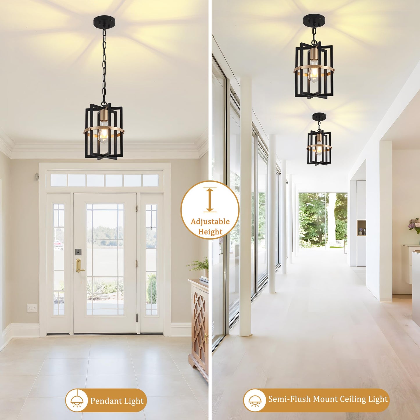 QMNHAU Black and Gold Chandelier Modern Pendant Light Fixtures Adjustable Farmhouse Pendant Lights Kitchen Island Hanging Light Fixture for Entryway Hallway Foyer Dining Room