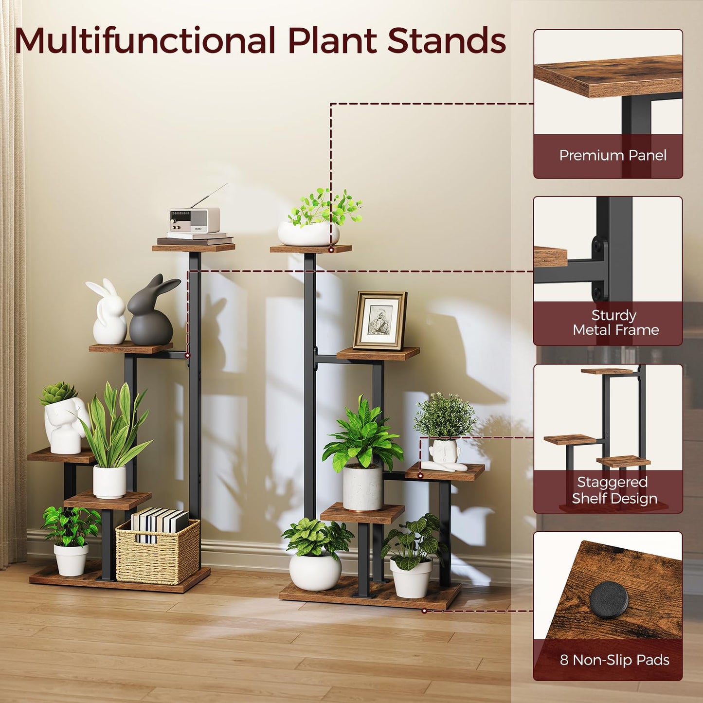 MAHANCRIS Plant Stands Indoor Set of 2, Metal Corner Plant Stand for Multiple Plants, 5 Tier Plant Shelves for Living Room, Home, Patio, Rustic Brown and Black PSHR0101S2
