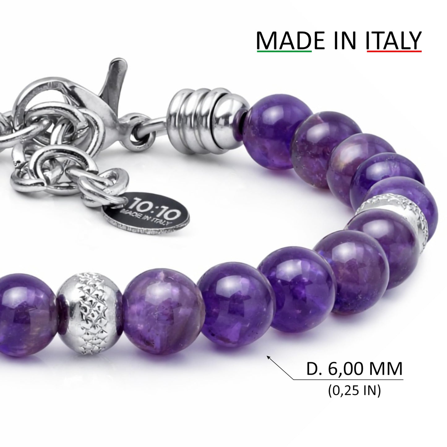 10:10 Beaded Bracelet for Men and Women – Natural Amethyst Gemstones and Stainless Steel – Adjustable, Durable and Elegant – Made in Italy