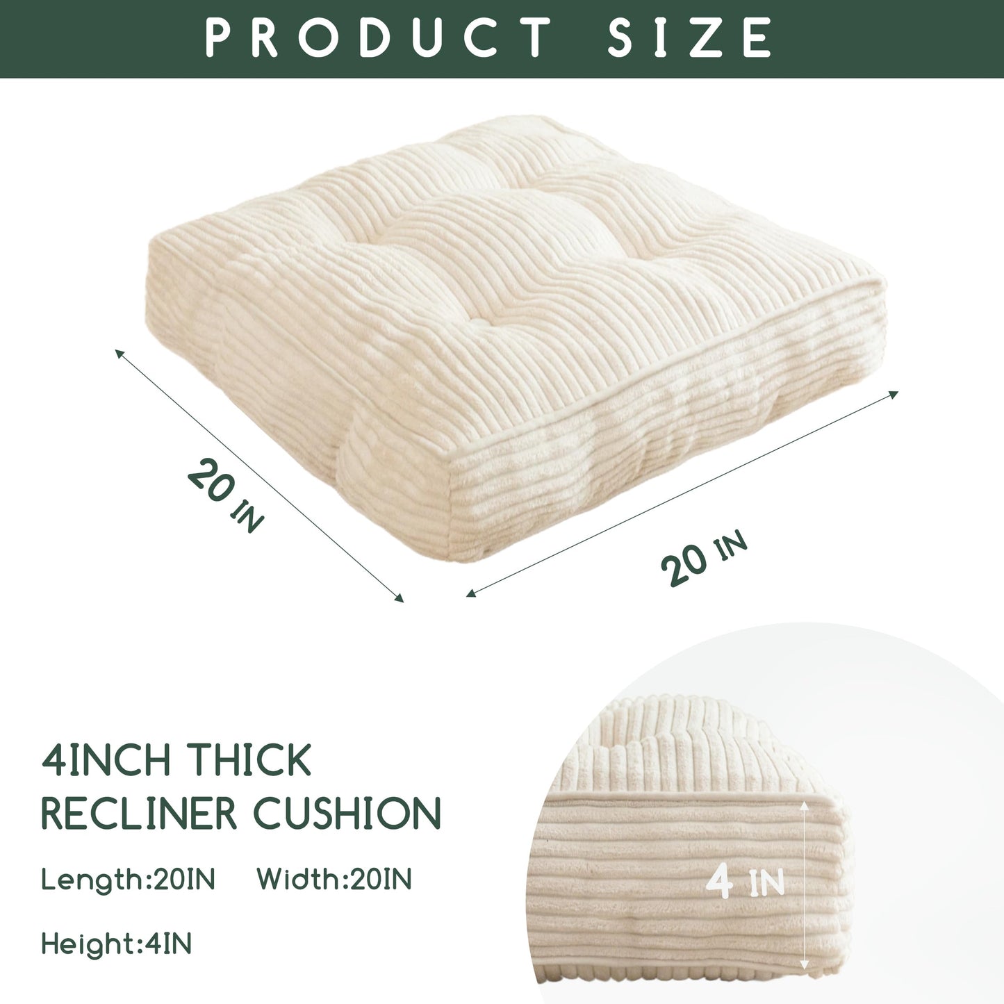 HIGOGOGO Tufted Corduroy Recliner Seat Cushion for Elderly, High Density Foam Large Square Seat Cushion for Recliner Chair, Floor Pillow, Office Chair, Car, No Pressure on Thighs, 20x20x4