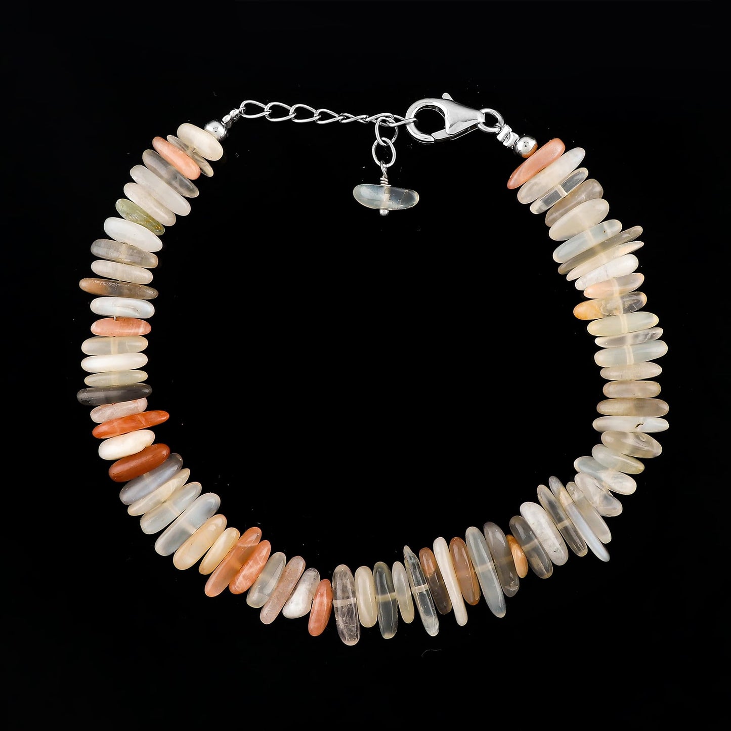 CRYSTALIS Natural Multi Moonstone Plain Submarine Beads Adjustable Gemstones Bracelet, Chakra Healing Stones, Gift Giving Jewelry, 925 Sterling Silver Womens Bracelet 8 inch [June-Birthstone]