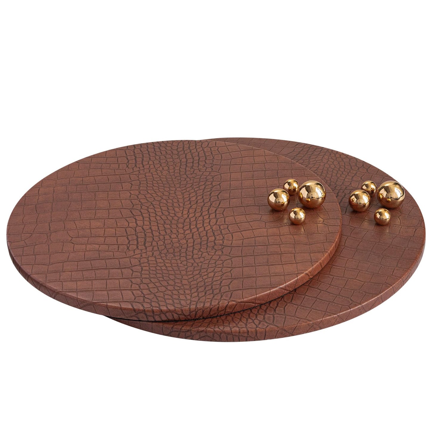 JUMBO HUMBLE Decorative Serving Trays, Set of 2 Brown Crocodile Leather Round Serving Tray with Beads, Decorative Tray Ottoman Decor Platter Coffee Table Trays for Living Room Home Decor