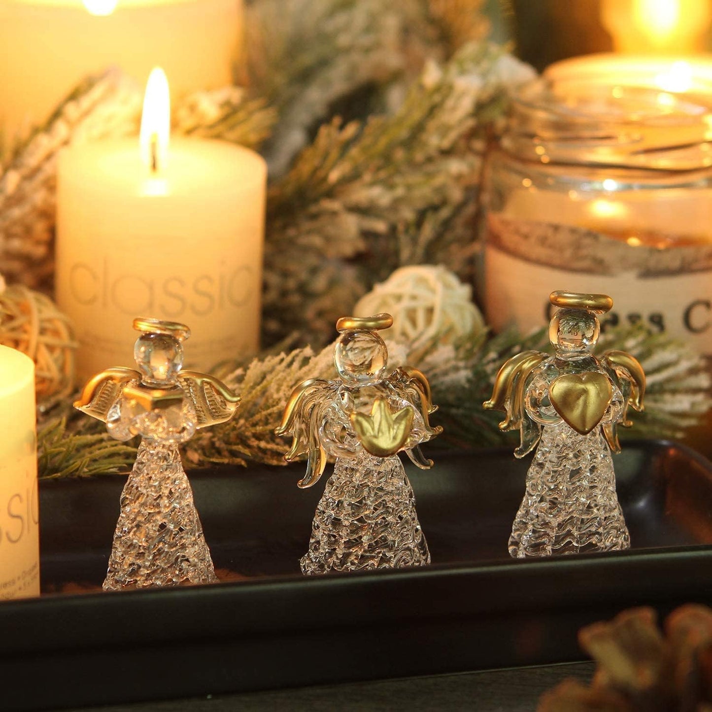 MAFAGE Christmas Angel Ornaments Set, 12 PCS Spun Glass Ornaments with Star/Heart/Praying Hands, Clear Angel Figurine Christmas Tree Pendants for Xmas Season Decor