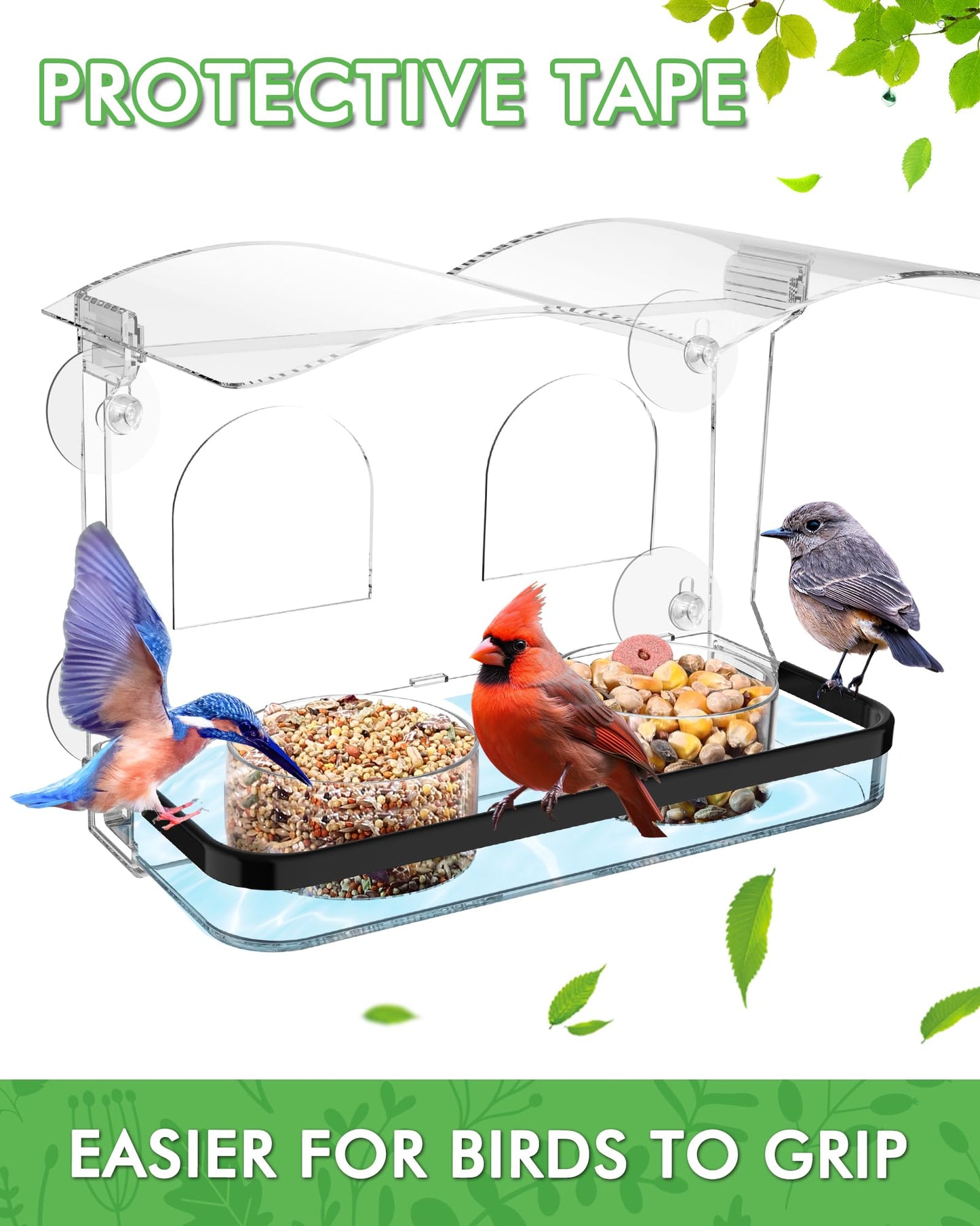 COJOSQC Window Bird Feeder with Strong Suction Cups, Clear Acrylic Design for Close-Up Bird Watching, Durable, Weatherproof, Easy to Install, Large Seed Tray, Drain Holes to Keep Food Dry, For Outdoor